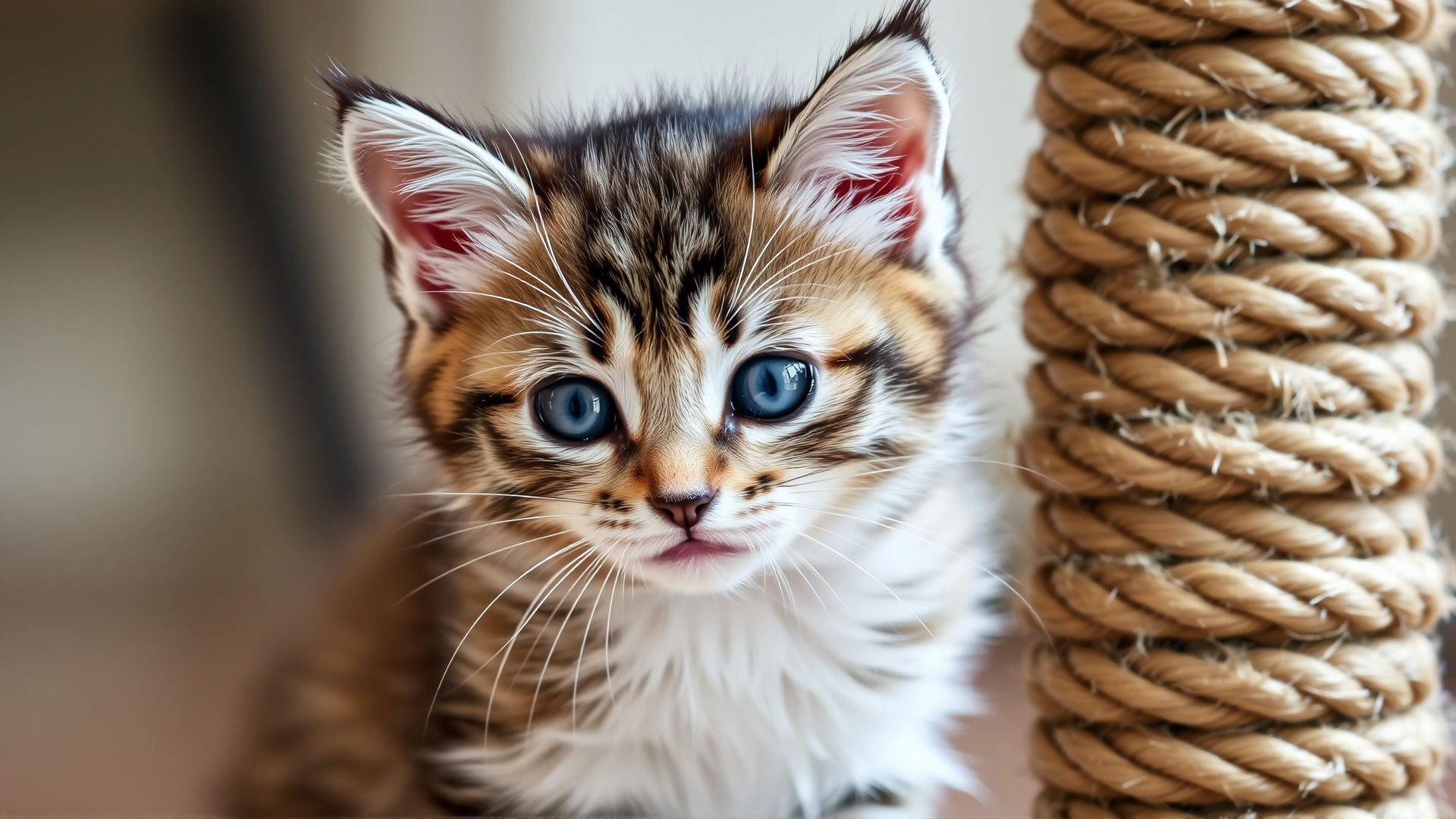 Close-up of a kitten scratching a sisal rope scratching post, demonstrating proper scratching behavior.