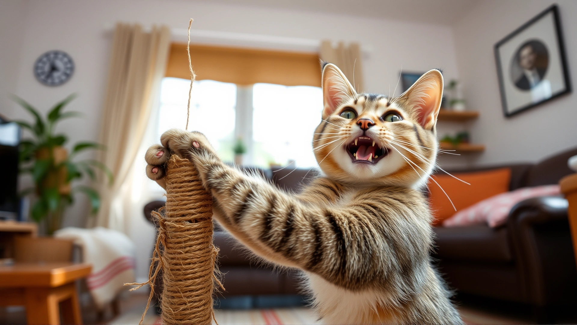 Happy cat enthusiastically scratching a sisal-wrapped post in a cozy living room, natural daylight