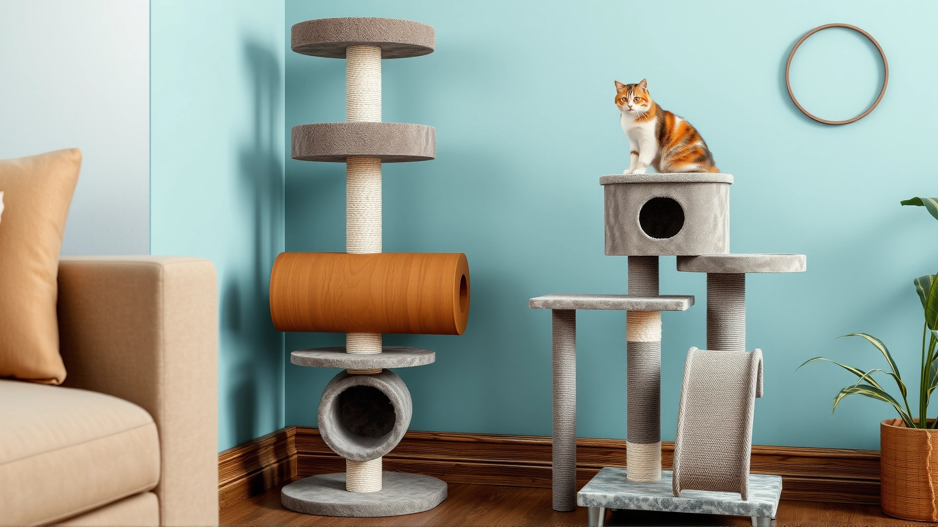 Variety of scratching posts (vertical sisal, horizontal cardboard, cat tree) arranged in a stylish living room corner.