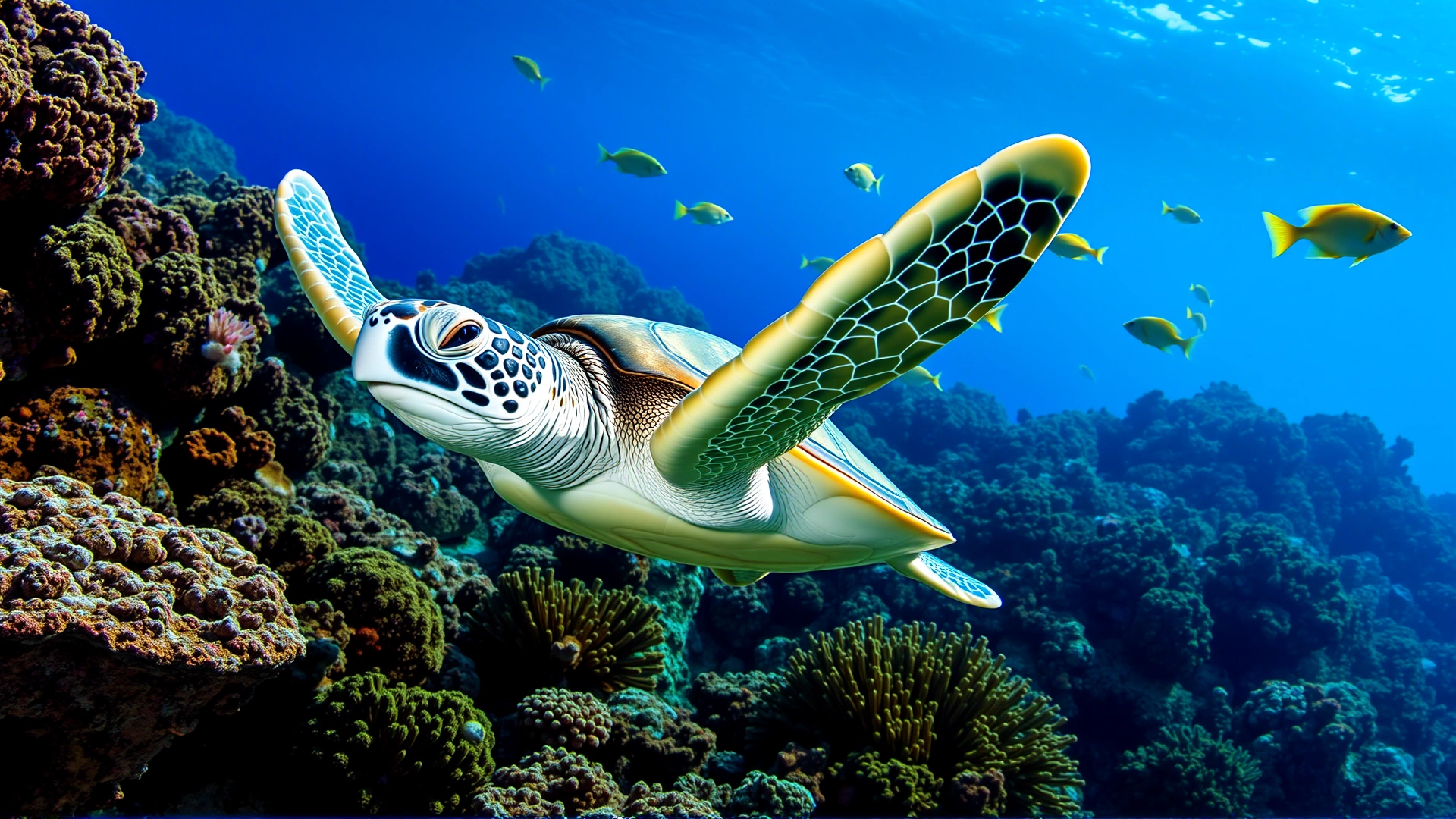 Sea turtle swimming near coral reef with tropical fish in background, bright natural lighting, vivid colors.