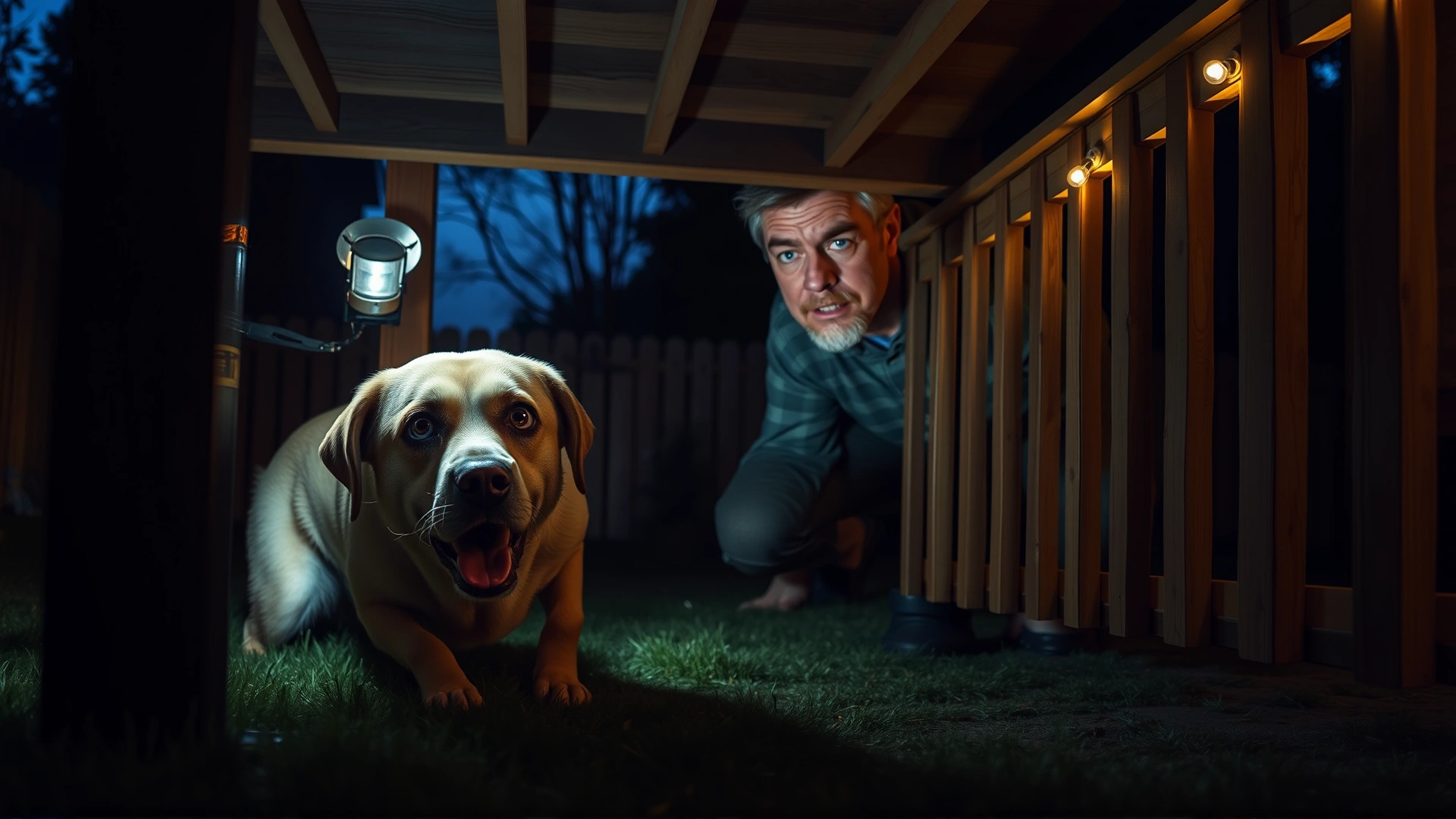 Dog owner with flashlight searching under backyard deck at dusk, looking concerned.