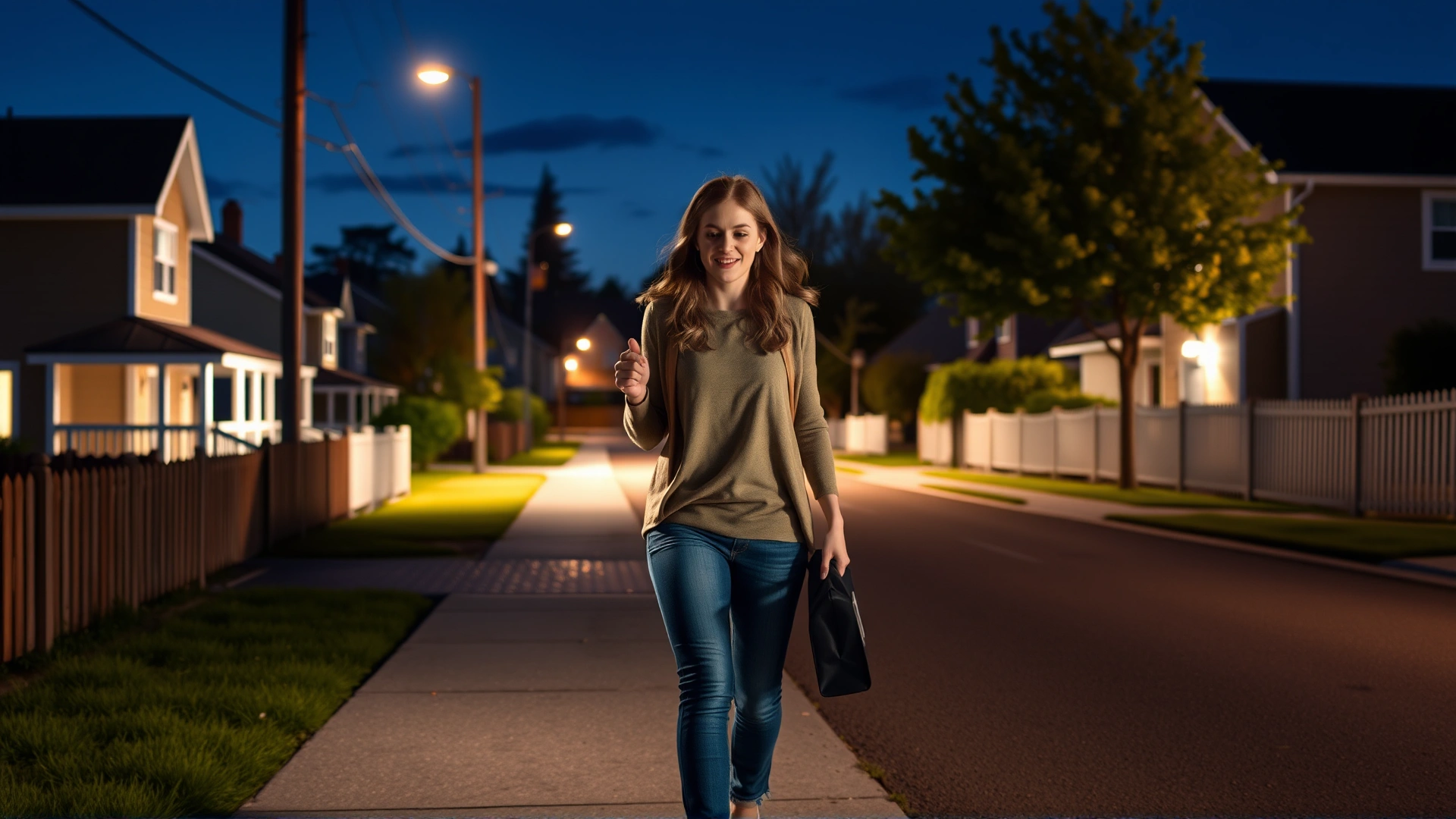 Owner walking along a residential street at night with a flashlight, calling out for her missing cat