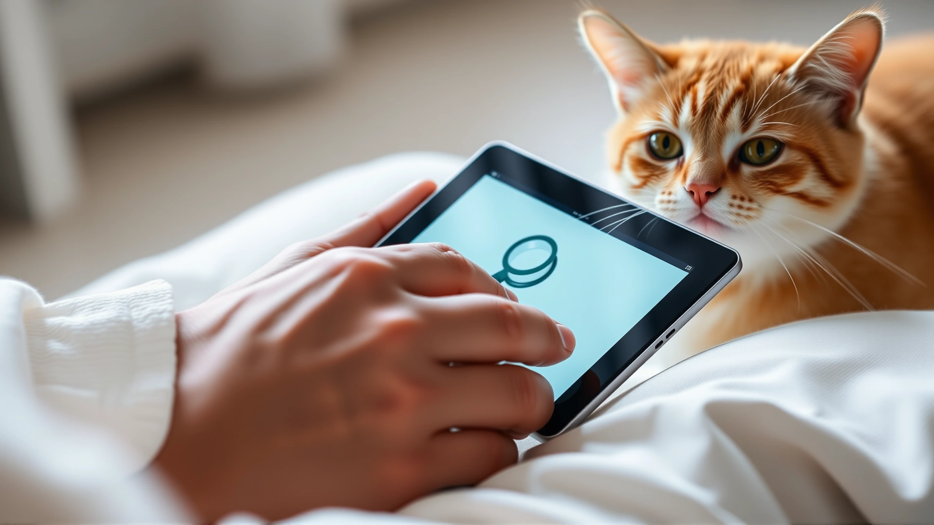 Close-up of a person’s hands using a digital tablet with a magnifying glass icon on screen, next to a curious cat looking at the device.