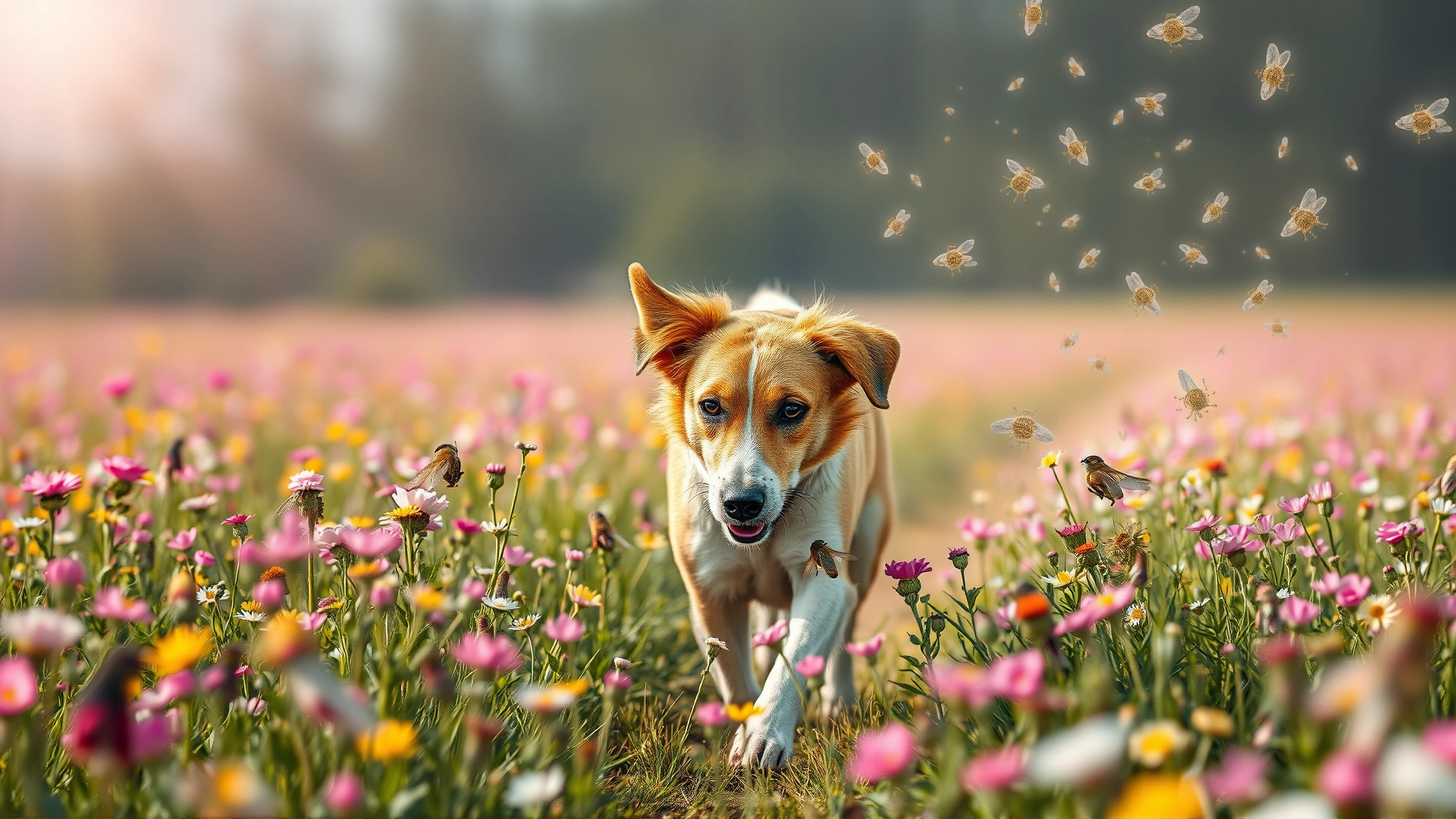 Mid-action shot of a dog walking through a field of blooming flowers with visible floating pollen particles, illustrating environmental allergens