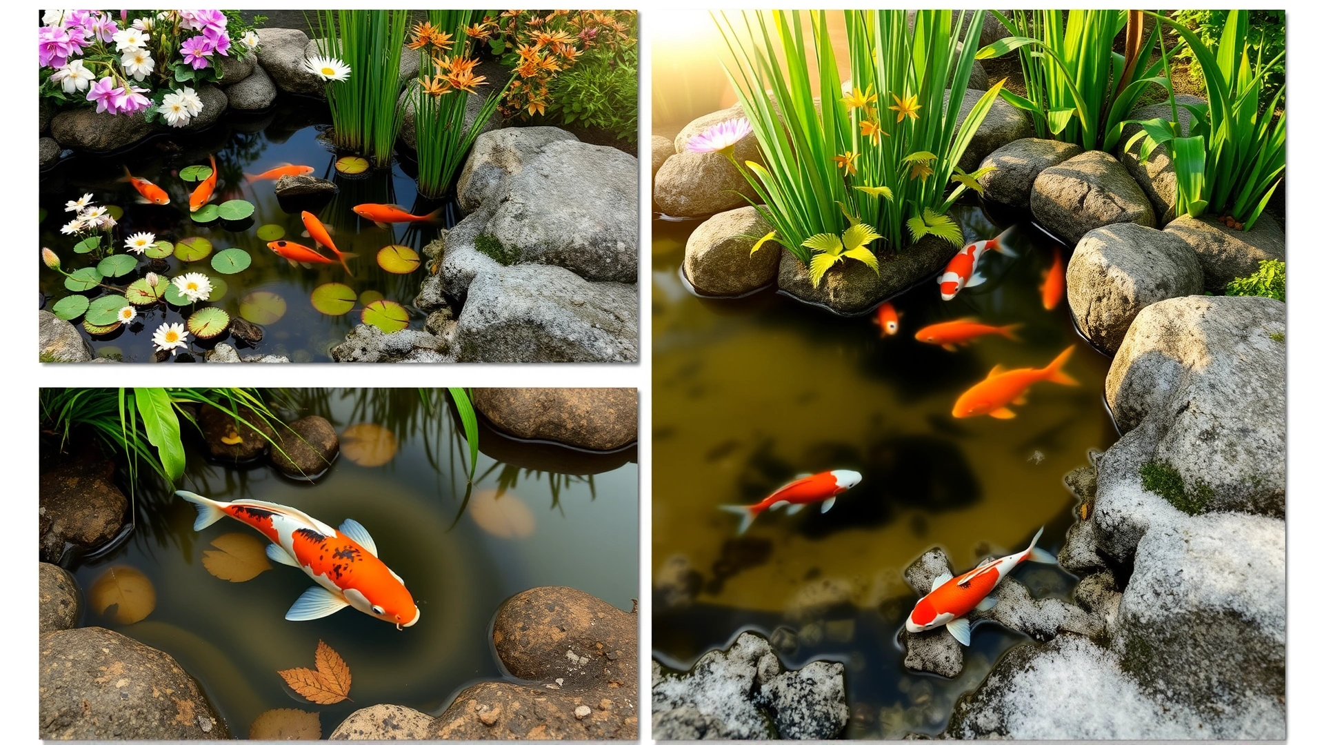 Collage-style image showing four small vignettes of koi pond in spring, summer, autumn, and winter to represent seasonal care routines.