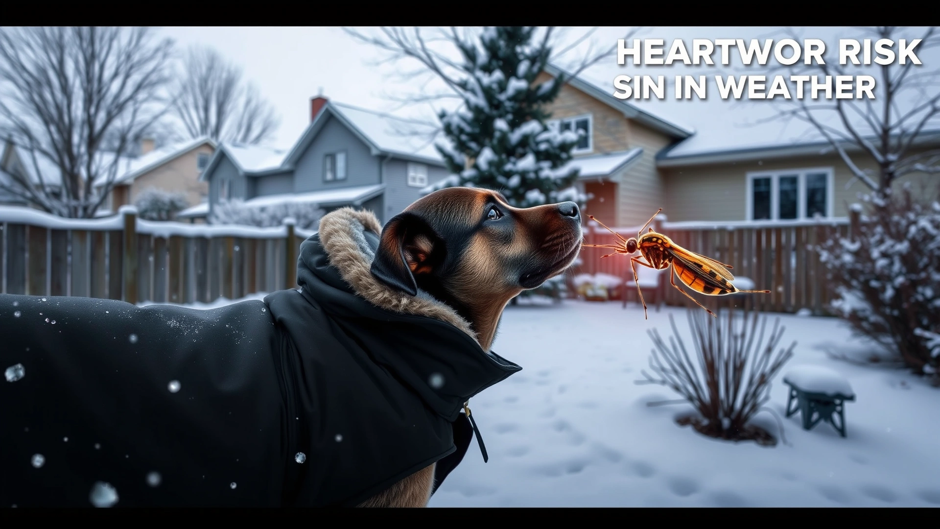 A snowy suburban backyard scene with visible mosquito flying near a dog wearing a winter coat, illustrating that heartworm risk persists in cold weather.