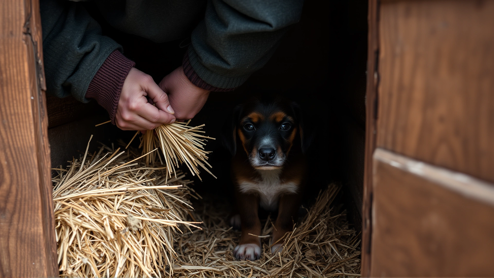 Person adding fresh straw bedding inside a dog house during winter preparations.
