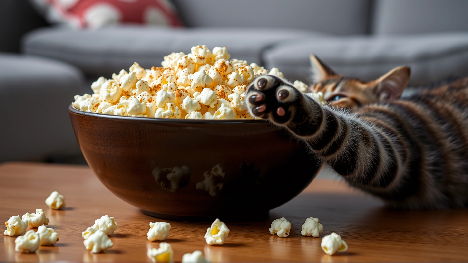 Bowl of buttered and heavily seasoned popcorn on a coffee table with a curious cat reaching out a paw toward it, highlighting topping dangers, no text