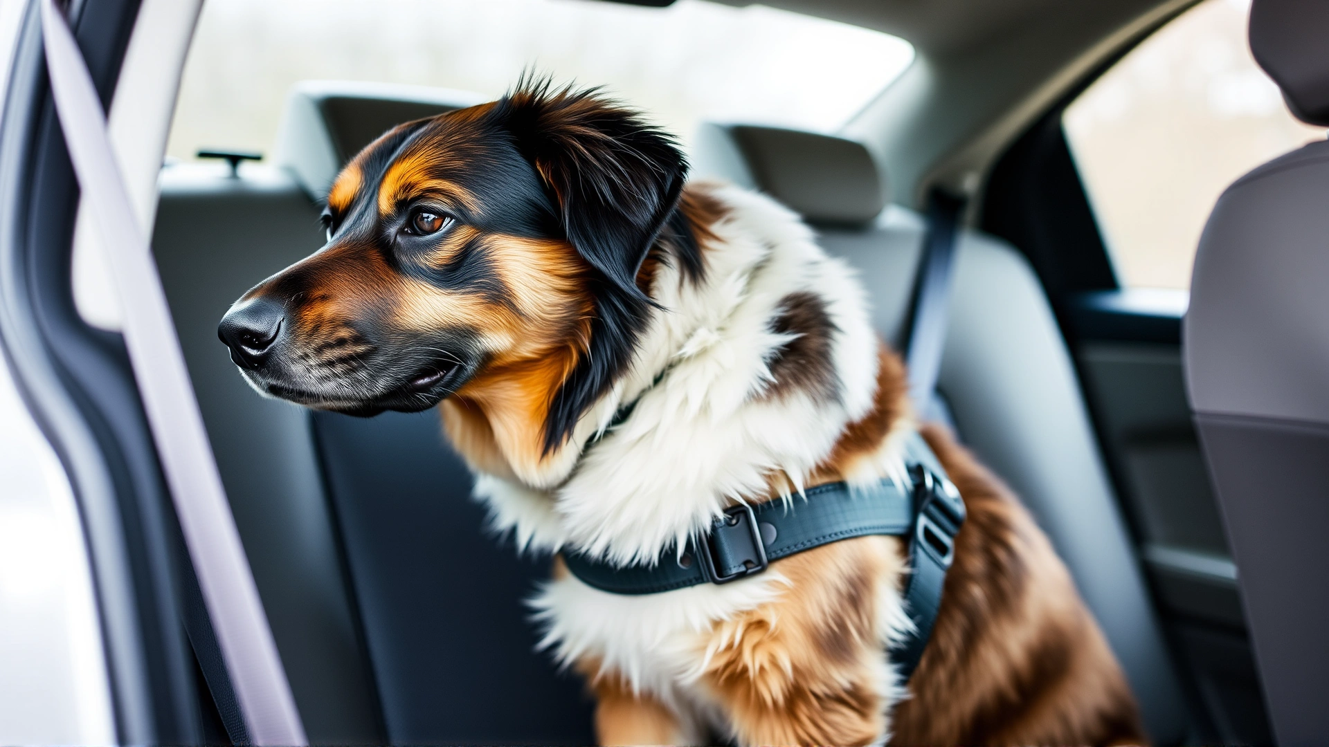 Close-up of a large dog safely strapped with a pet seat belt harness on a car seat