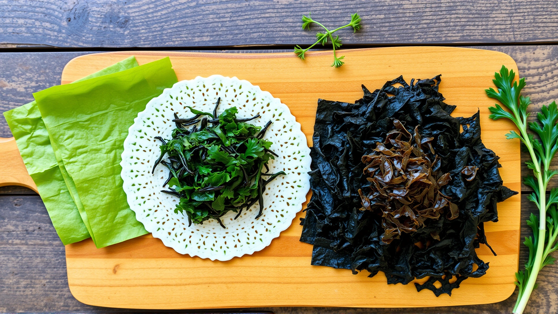 Flat lay of assorted edible seaweed varieties (nori sheets, wakame leaves, dried kelp flakes) on a rustic wooden board, photographed from above with natural light.