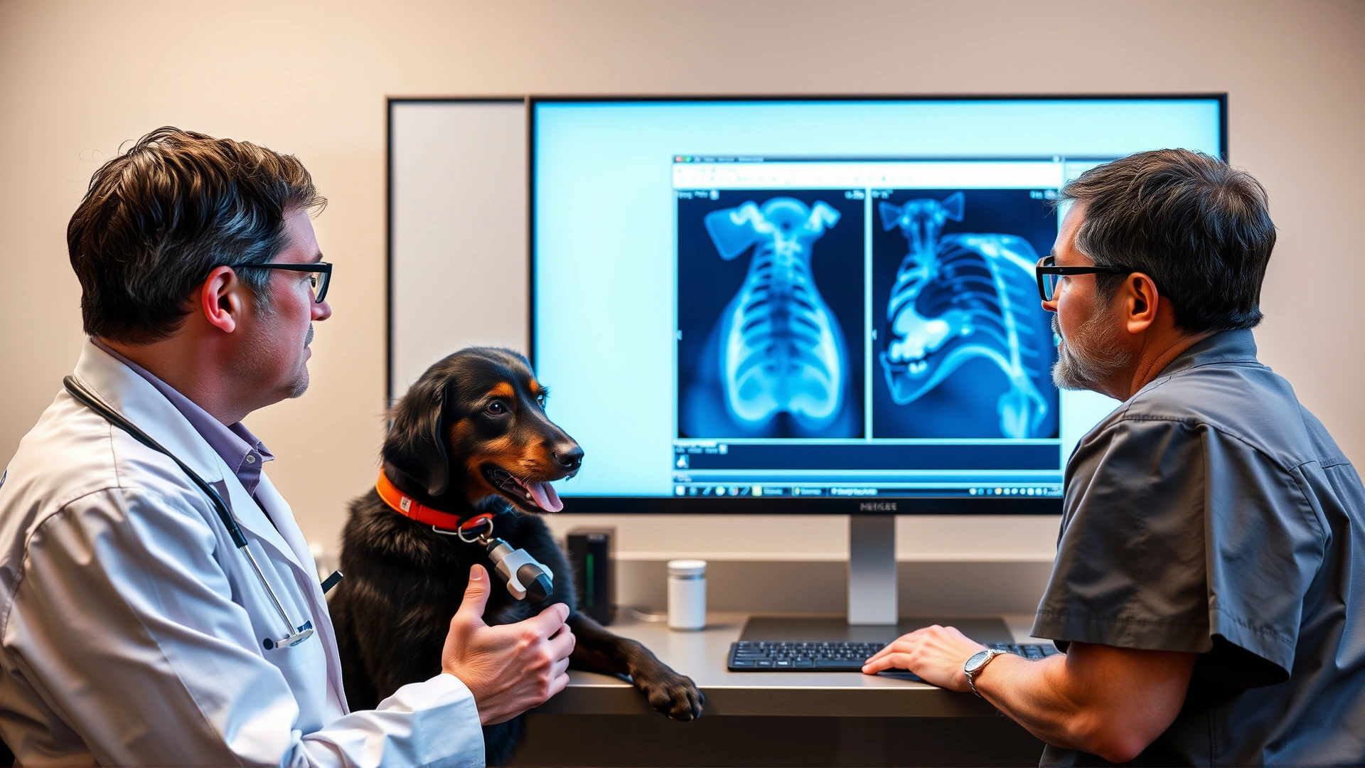 Two veterinarians in discussion while looking at X-ray images on a computer monitor, symbolizing a professional second opinion