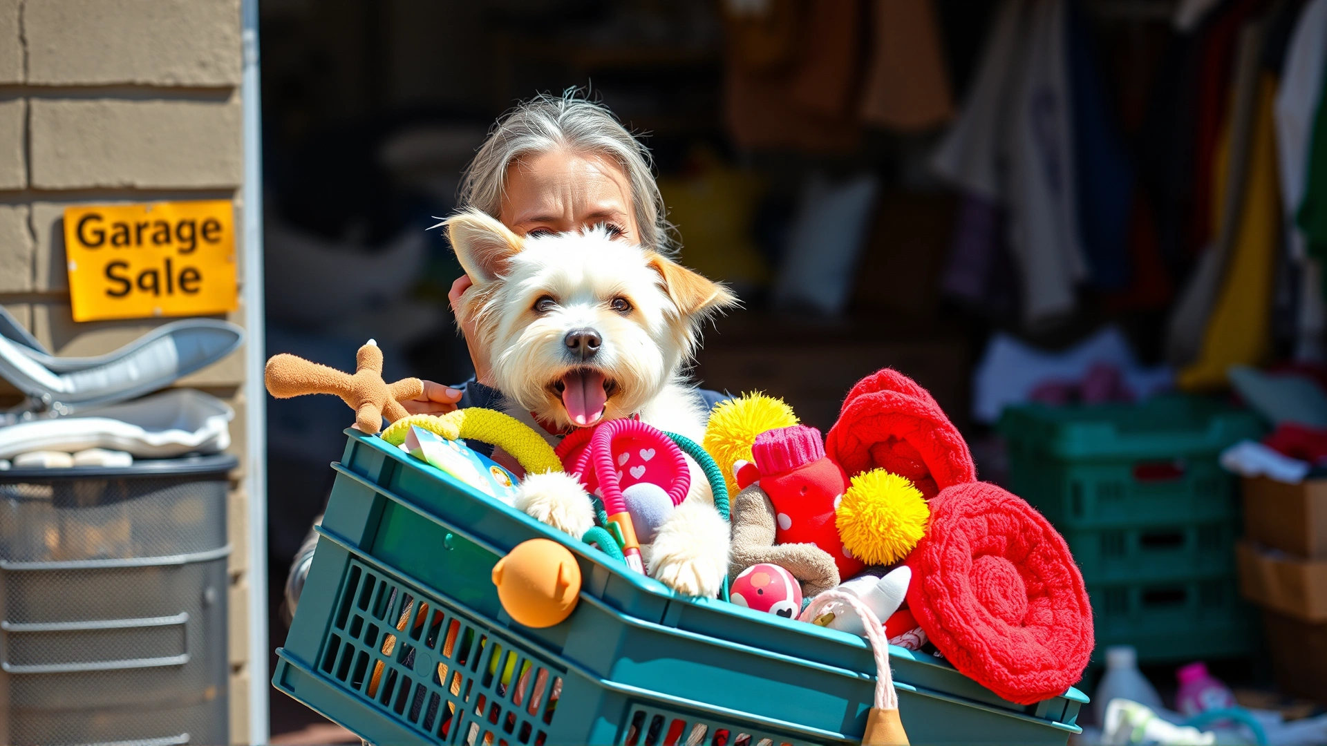 Smiling pet owner holding a crate of lightly used pet accessories at a garage sale, with colorful items visible, bright daylight.