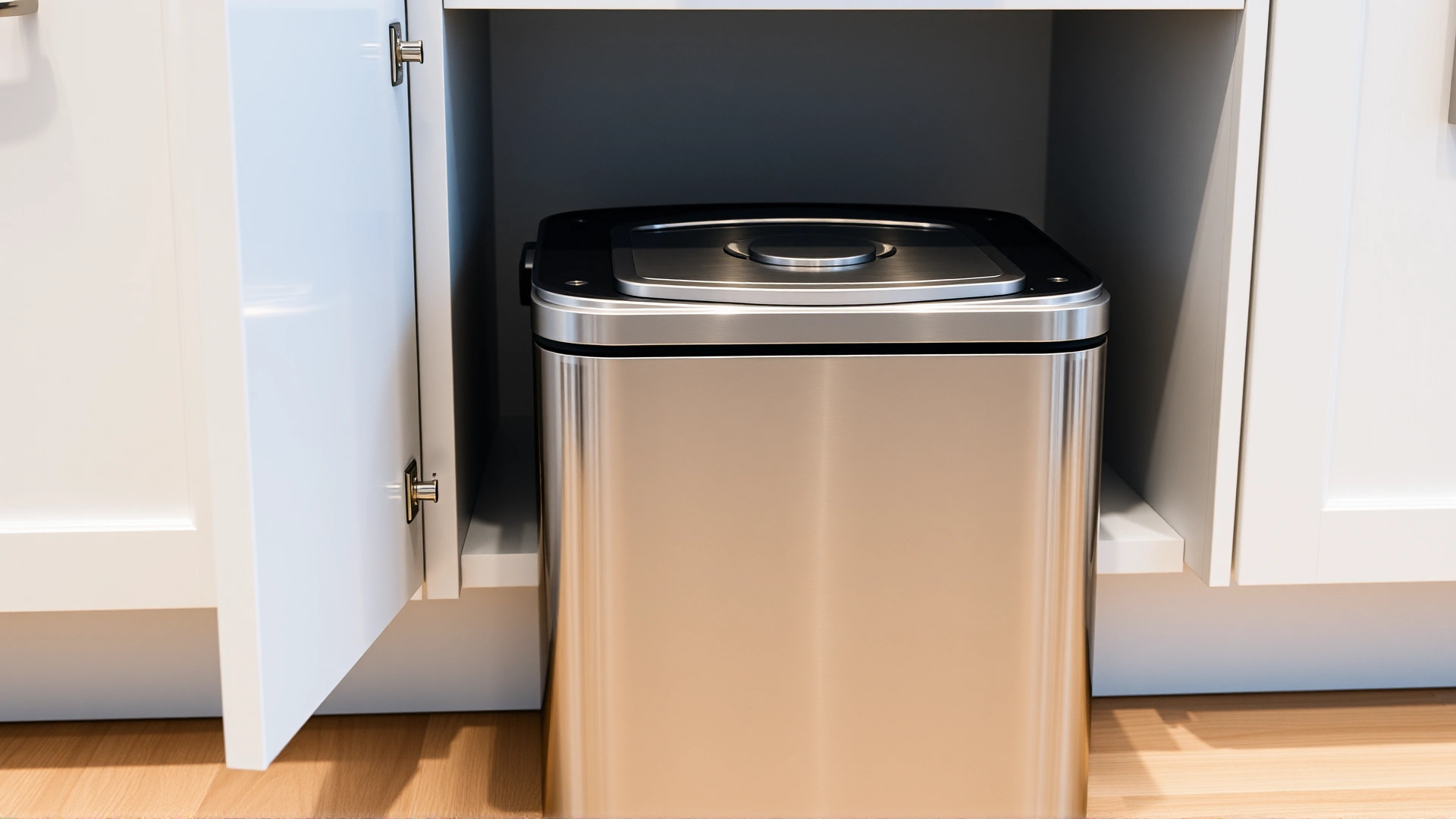 Modern stainless-steel trash can with a locking lid placed inside a kitchen cabinet, door slightly ajar to show the secure setup