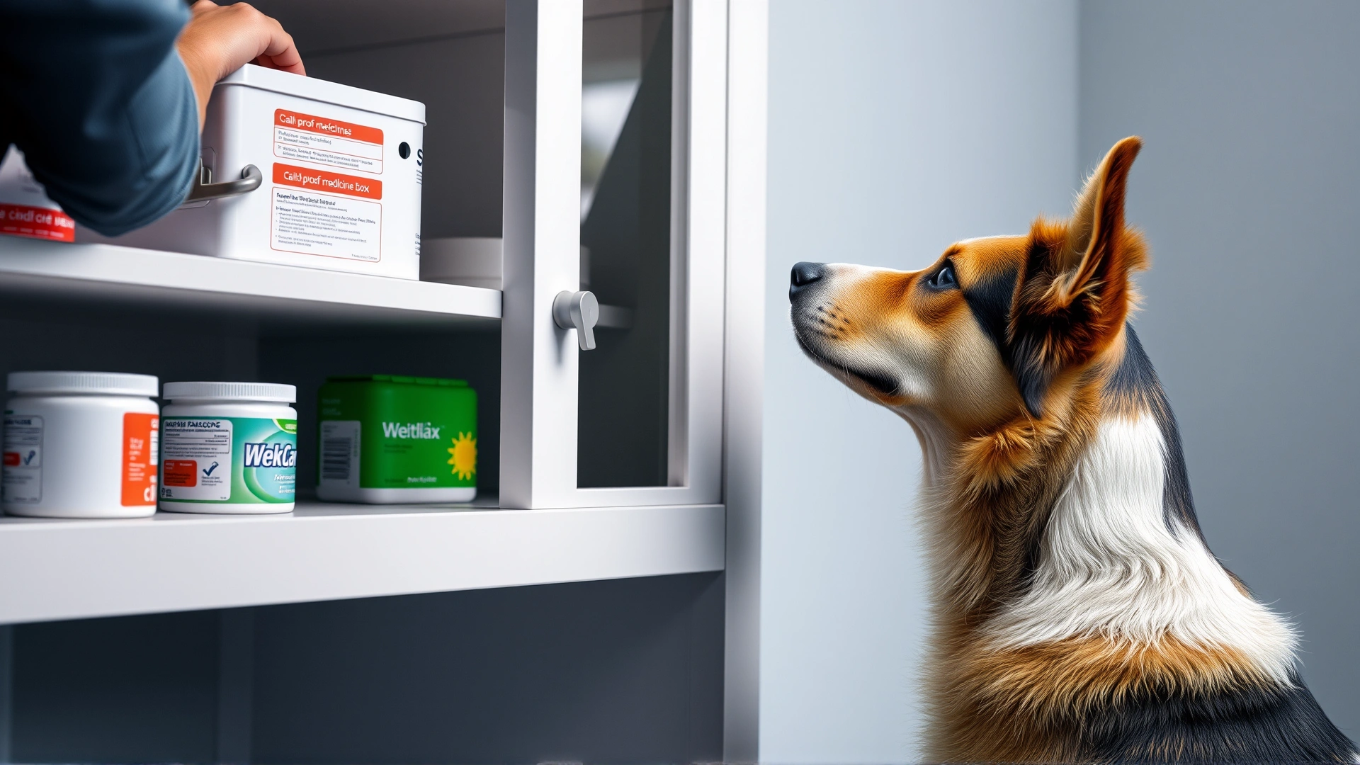 Dog owner locking a child-proof medicine box on a high shelf while the dog watches from below