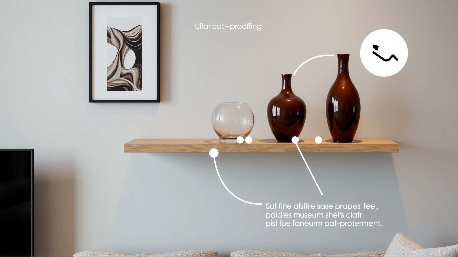 Modern living room scene with breakable items like vases secured on a high floating shelf using clear museum putty dots, demonstrating cat-proofing.