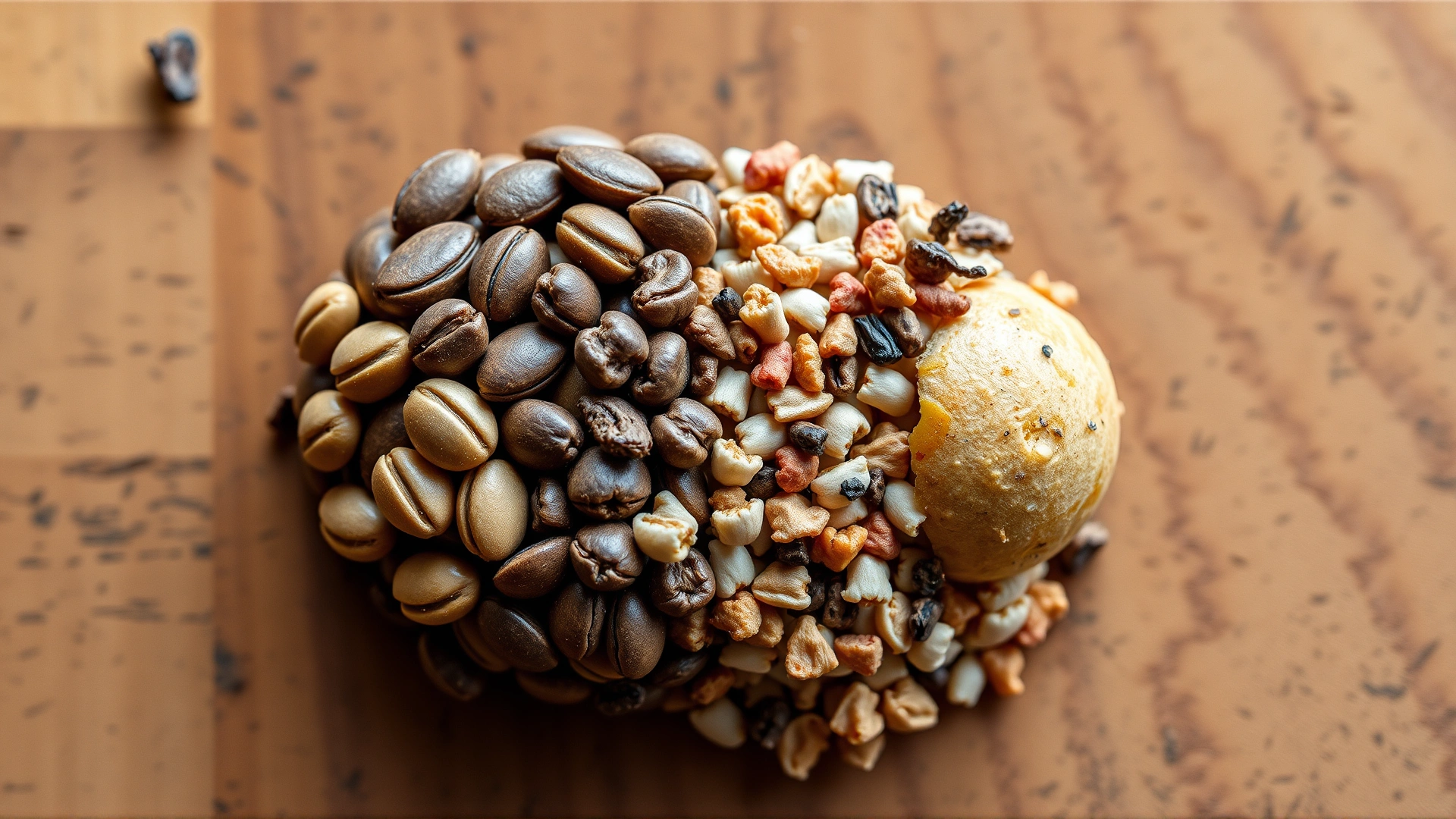 Side-by-side macro shot showing sunflower seeds on one side and multicolored bird pellets on the other, wooden background, top-down view, high-detail