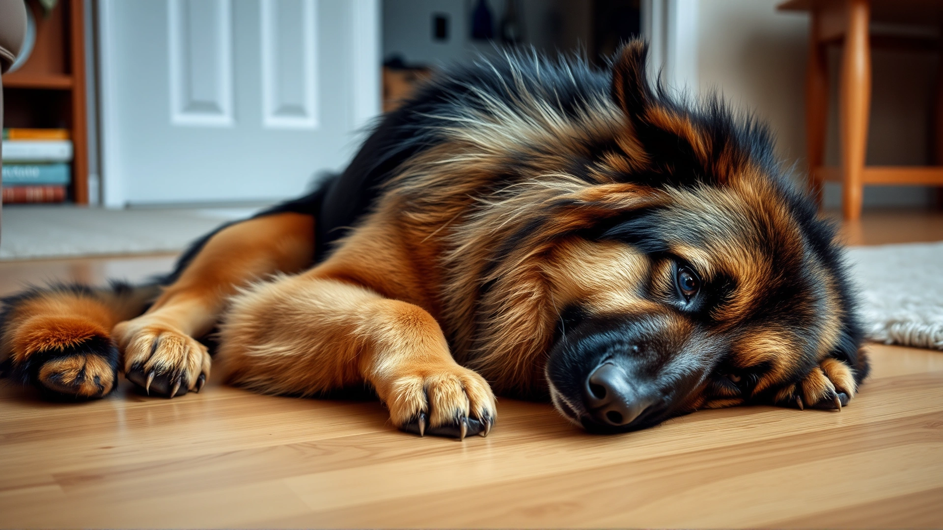 German shepherd positioning its body protectively under the head of a person lying on the floor during a seizure in a home environment.