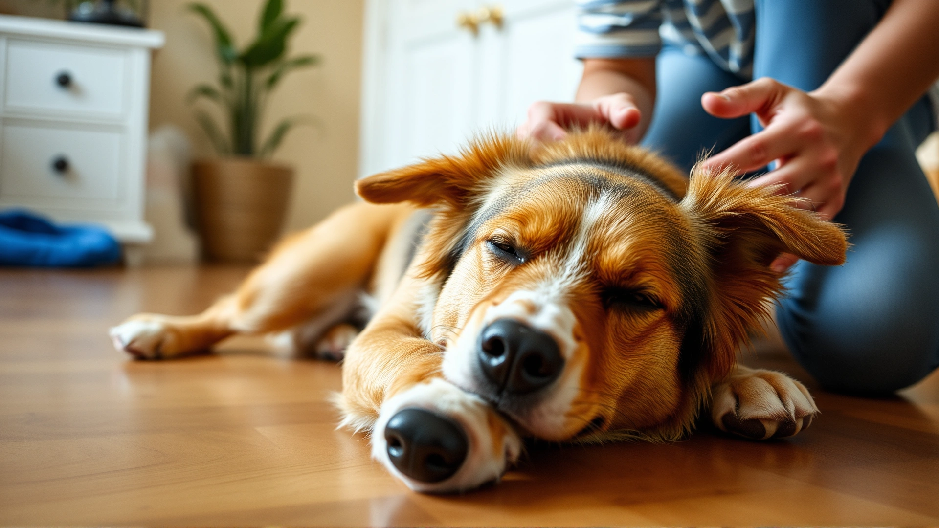 Medium-sized mixed breed dog during a mild seizure on a wooden floor; owner nearby providing comfort; motion blurred to convey movement; natural home lighting
