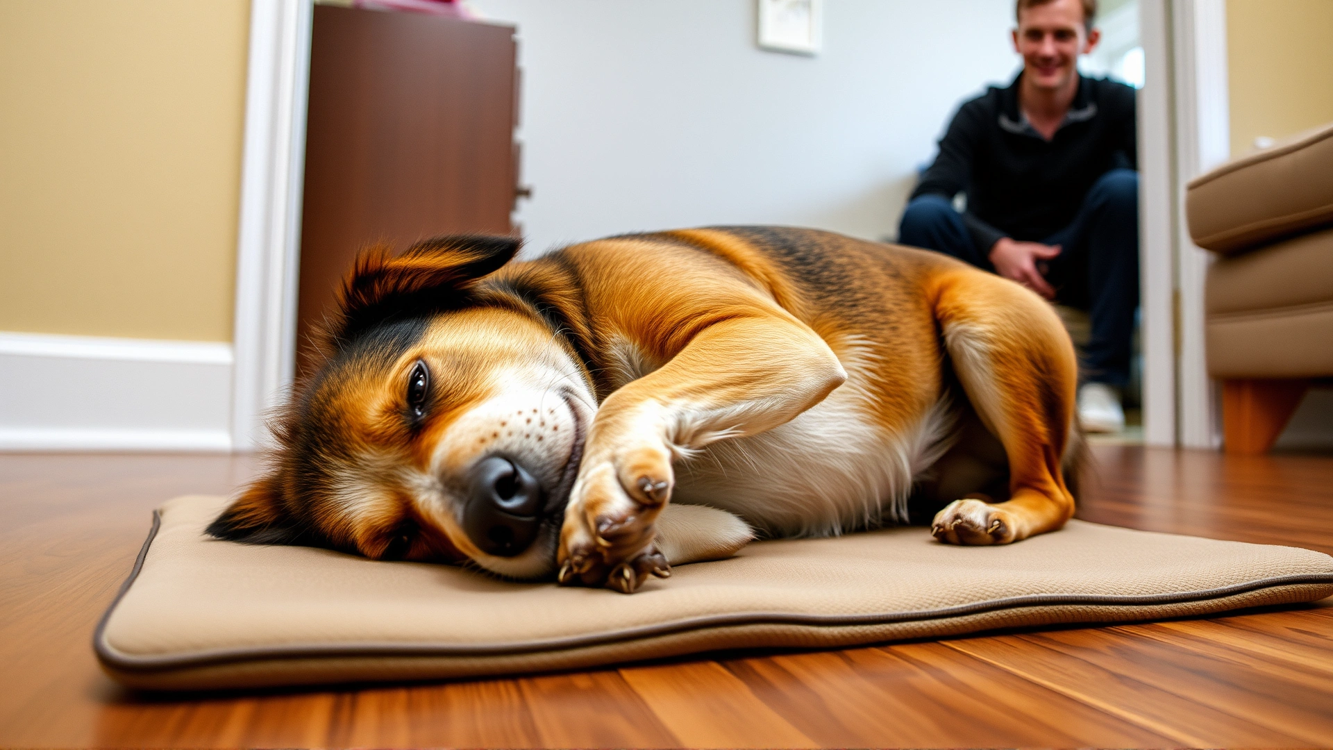 A dog experiencing a mild seizure on a safe padded surface indoors, owner nearby keeping distance, slightly blurred motion to indicate movement, no text.