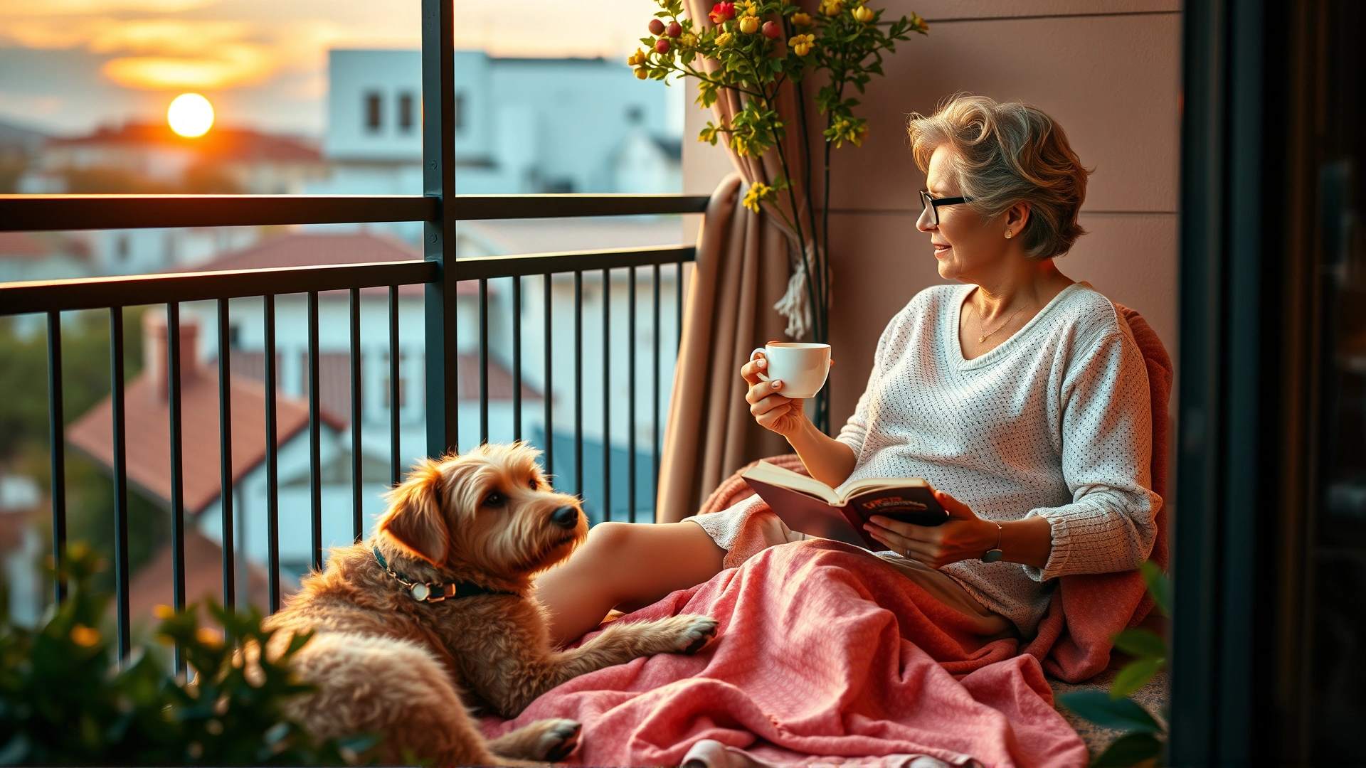 Pet owner relaxing with a cup of tea and a book on a balcony, dog lying at their feet, sunset lighting, self-care mood