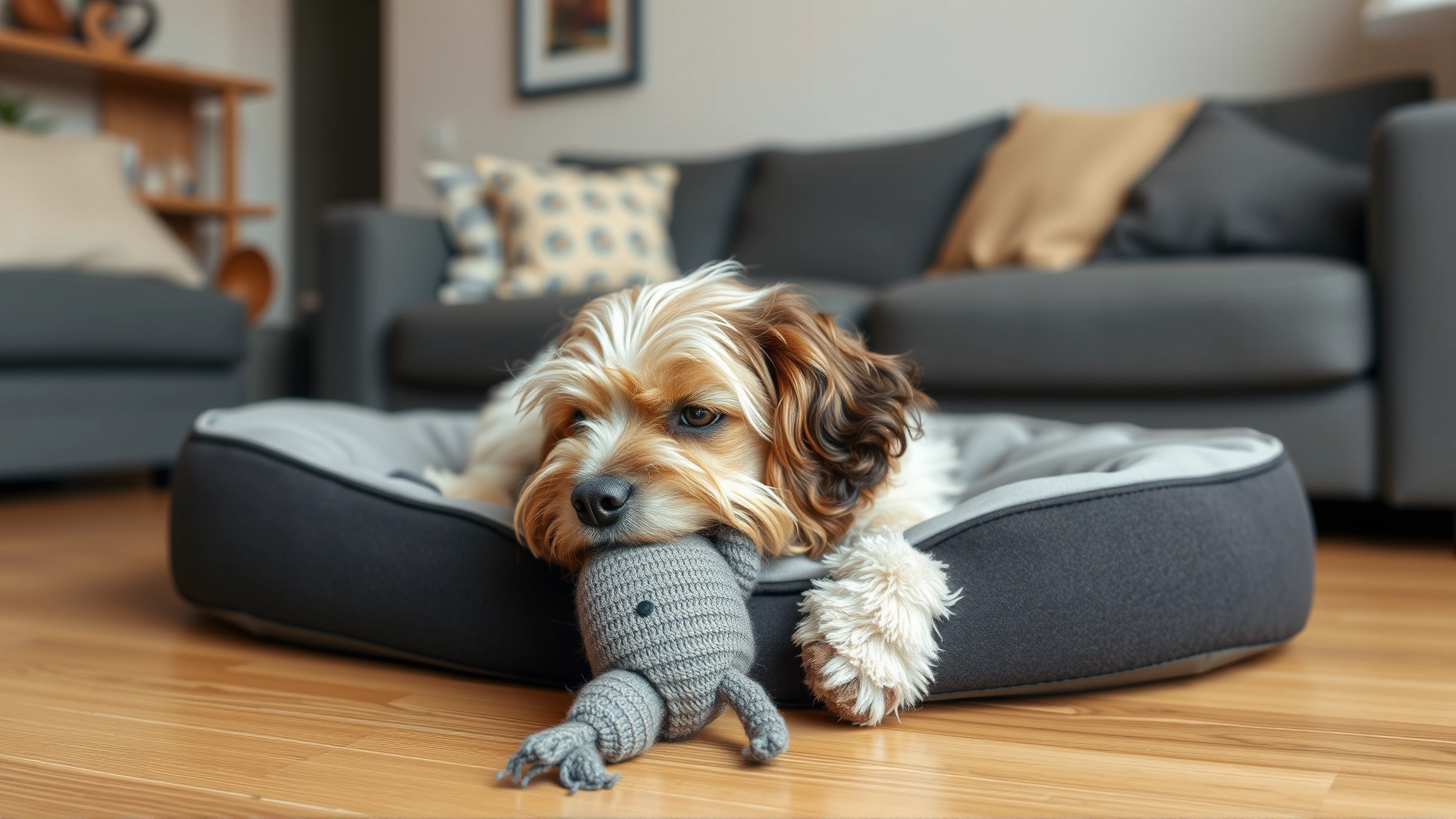 AI-generated image: Cocker spaniel lying on a dog bed calmly chewing on a plush toy in a softly lit living room, demonstrating self-soothing behavior