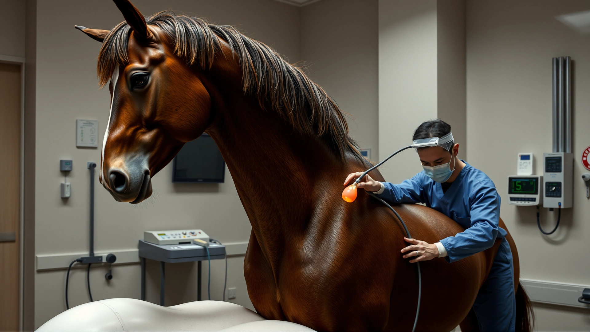 A controlled indoor setting showing a stallion mounting a phantom while a veterinarian collects semen using an artificial vagina, equipment visible but no explicit details