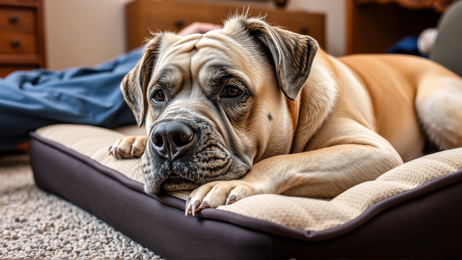 Senior dog with grey muzzle lying comfortably on an orthopedic bed next to its owner