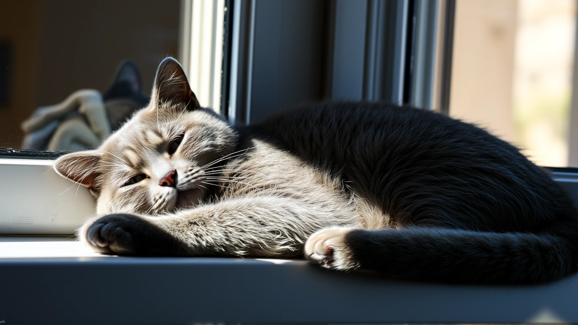 Gentle senior grey cat lounging on a windowsill with soft sunlight highlighting its fur, suggesting elderly feline health.