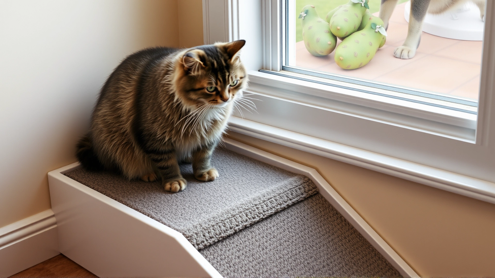 An elderly, slightly overweight cat using a carpeted ramp to reach a low window seat, highlighting accessibility solutions.
