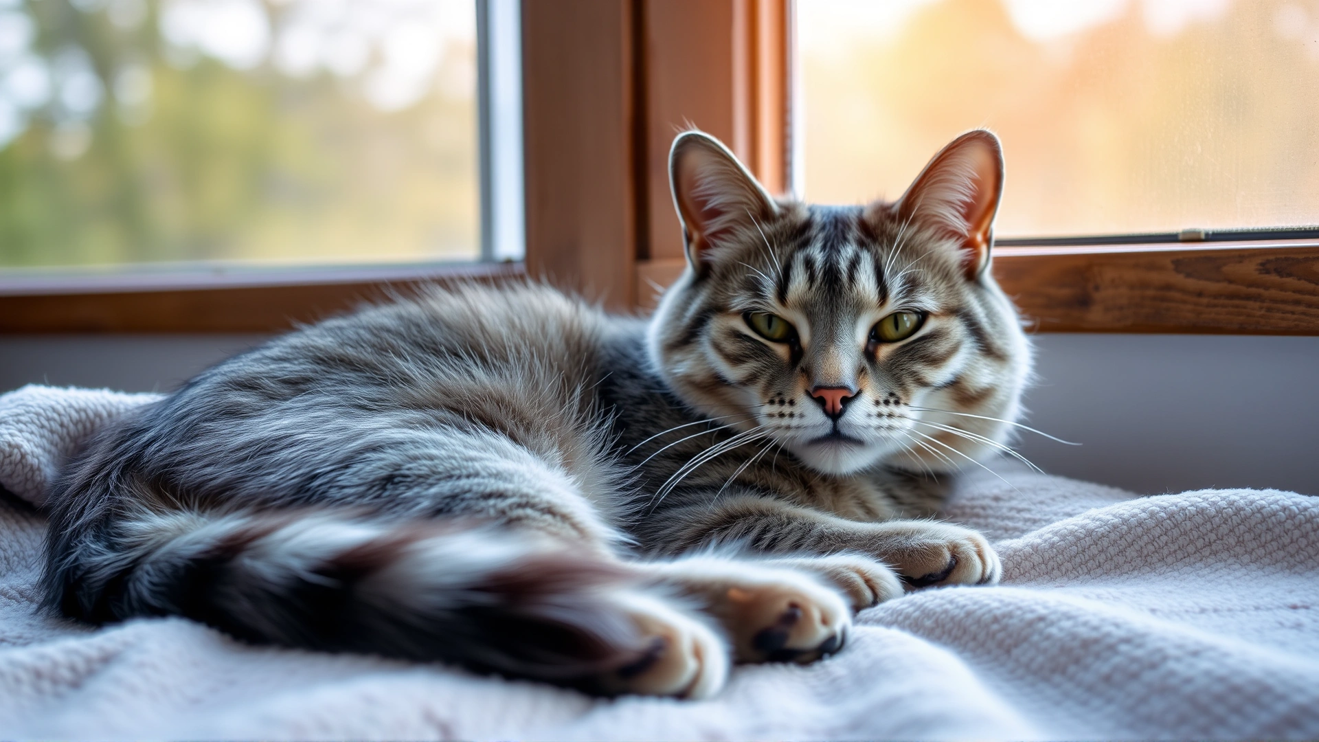 Calm senior cat with gray fur resting on a soft blanket near a window with gentle afternoon light, depicting an older cat that needs special weight attention