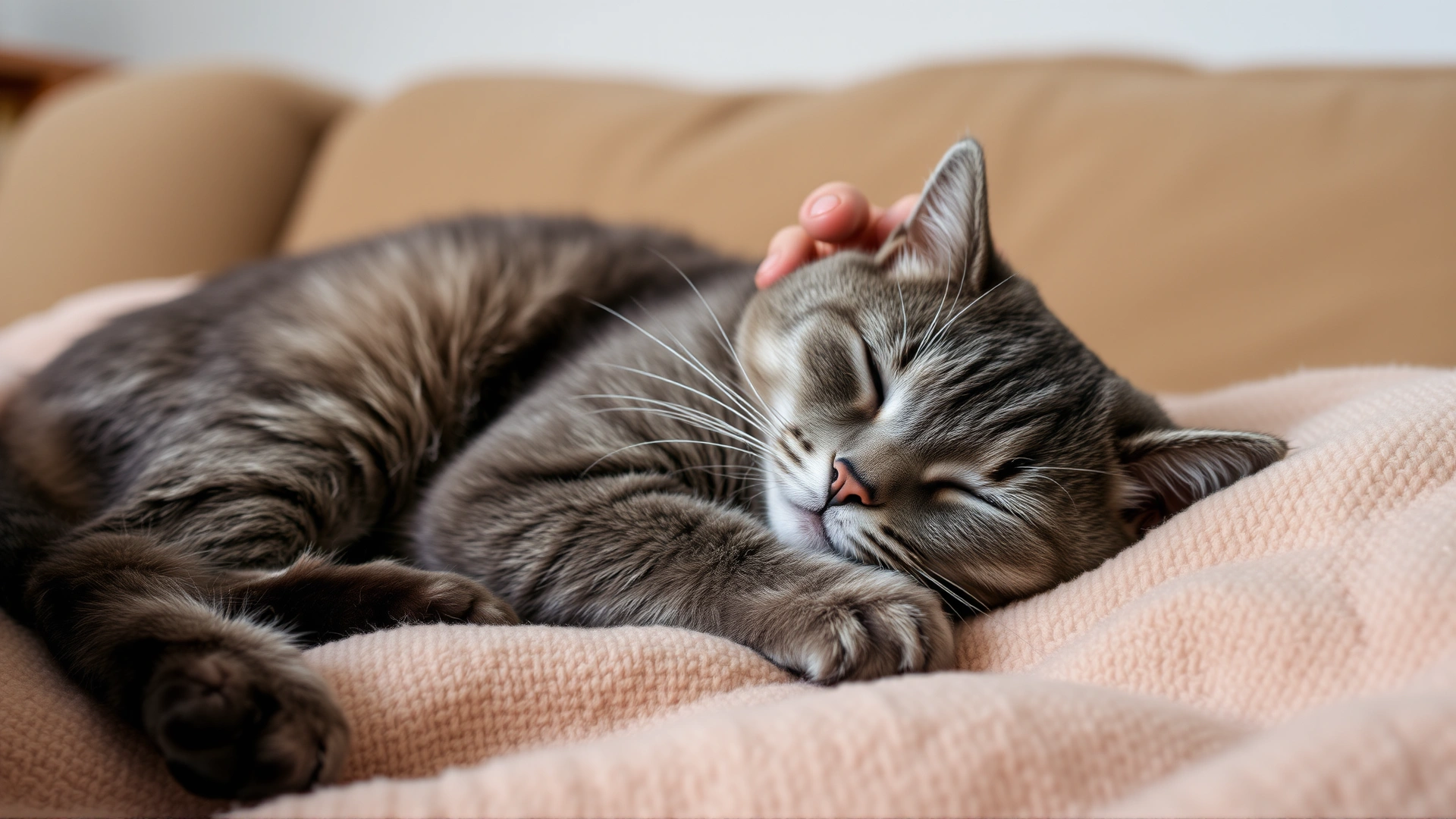 Older grey cat resting comfortably on a soft blanket at home while its owner gently pets it, cozy atmosphere.