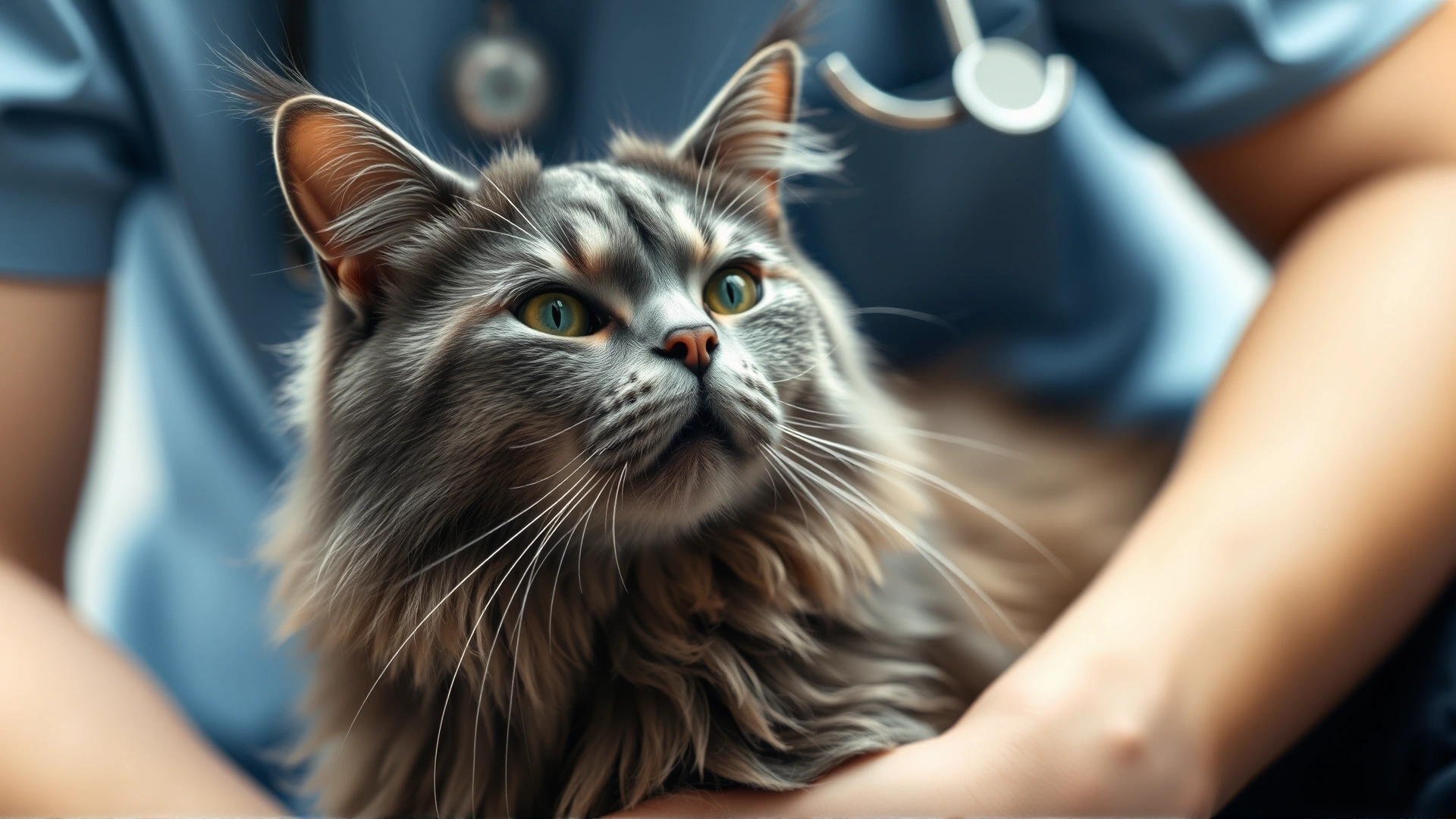 A senior long-haired grey cat being comforted by its owner during a veterinary check-up, soft warm lighting
