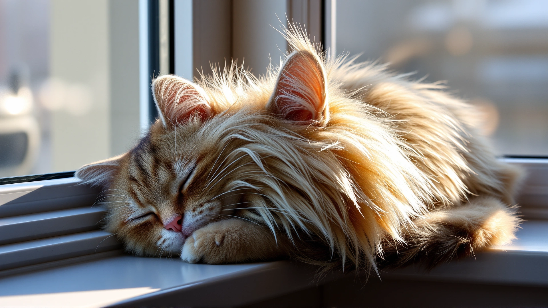 Elderly long-haired cat napping on a sunny windowsill with gentle sunrays highlighting its fur.