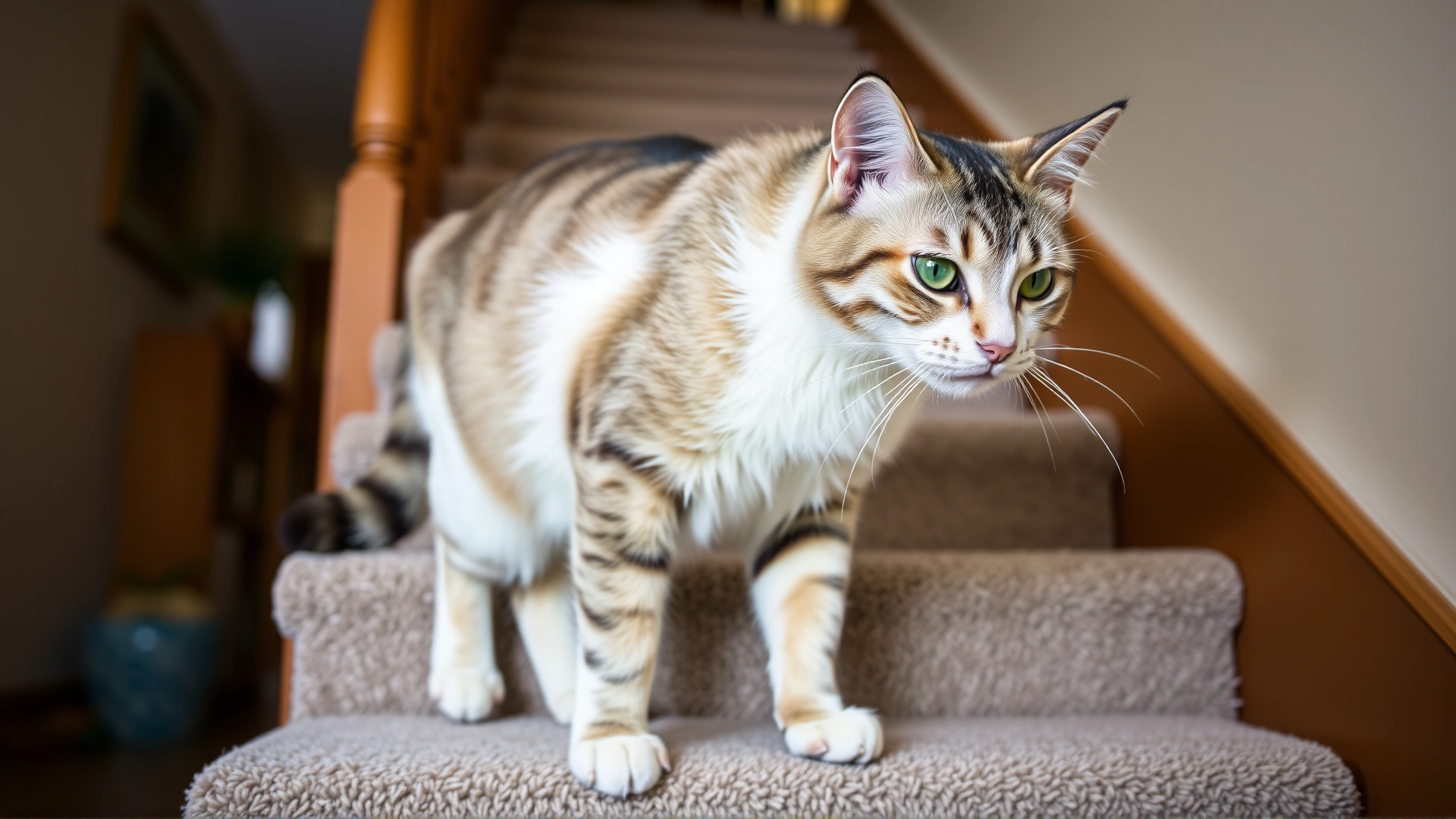 Senior cat carefully walking down carpeted stairs inside a cozy home, showing improved joint comfort