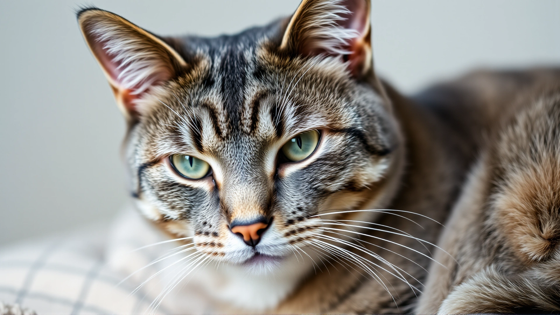 Close-up portrait of a senior grey tabby cat with a gentle expression, slight greying around muzzle, sitting on a cozy blanket, soft lighting, no text.