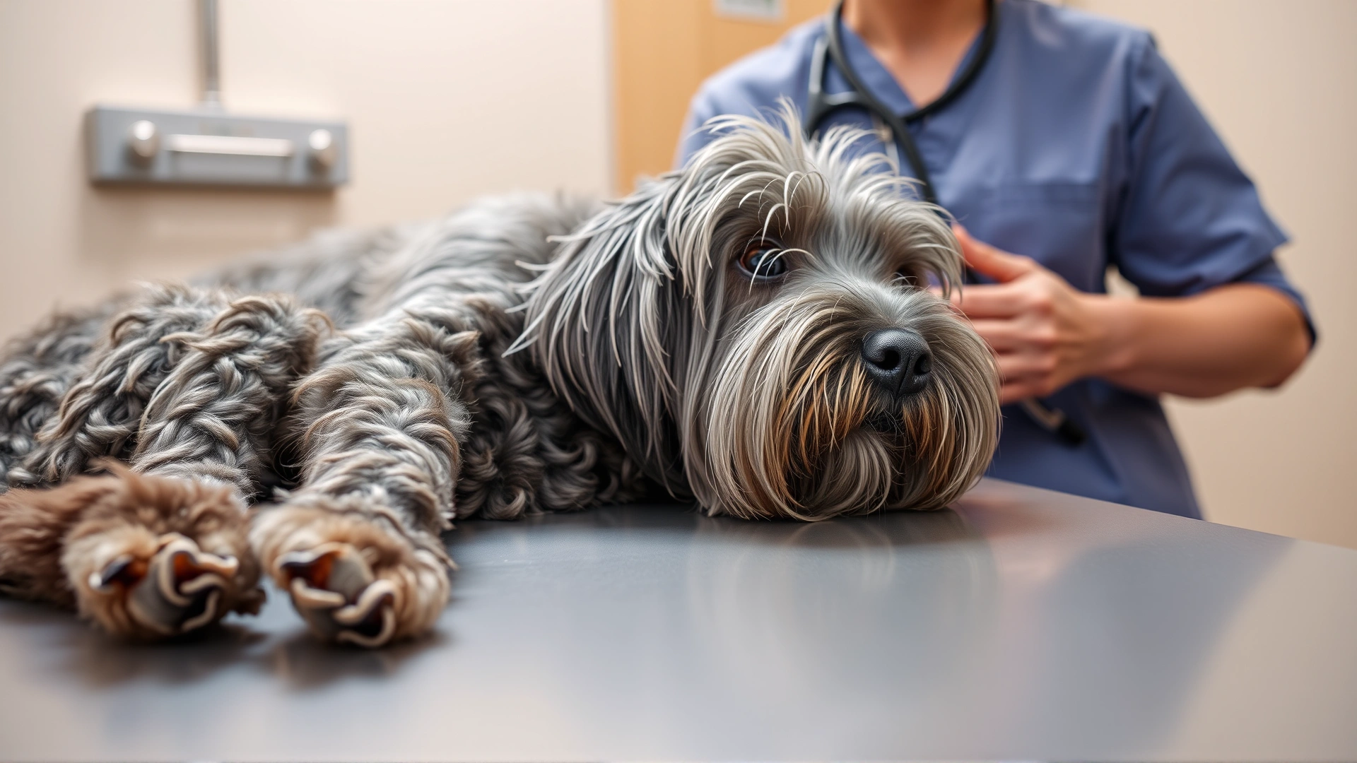 A senior grey-muzzled dog lying on an exam table while a veterinarian uses a stethoscope to listen to its heart; calm, warm lighting.