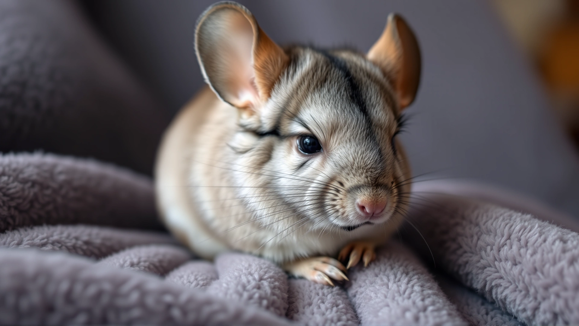An older chinchilla with slightly greying fur calmly resting on a fleece blanket