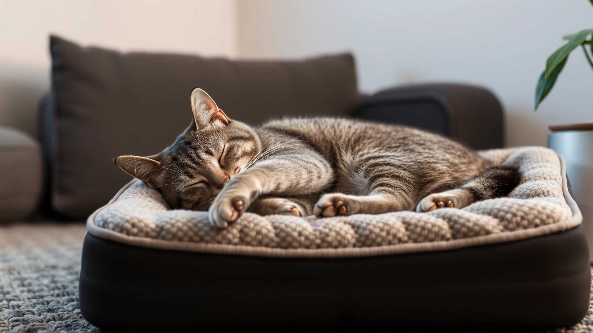 Senior grey cat comfortably sleeping on a heated orthopedic pet bed in a cozy living room corner.