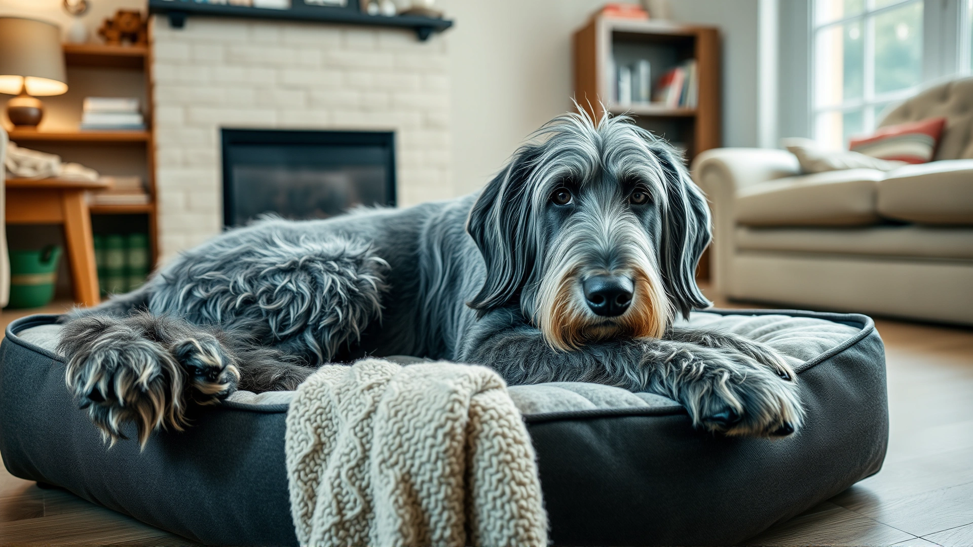 Elderly Irish Wolfhound resting on an orthopedic dog bed in a cozy living room.