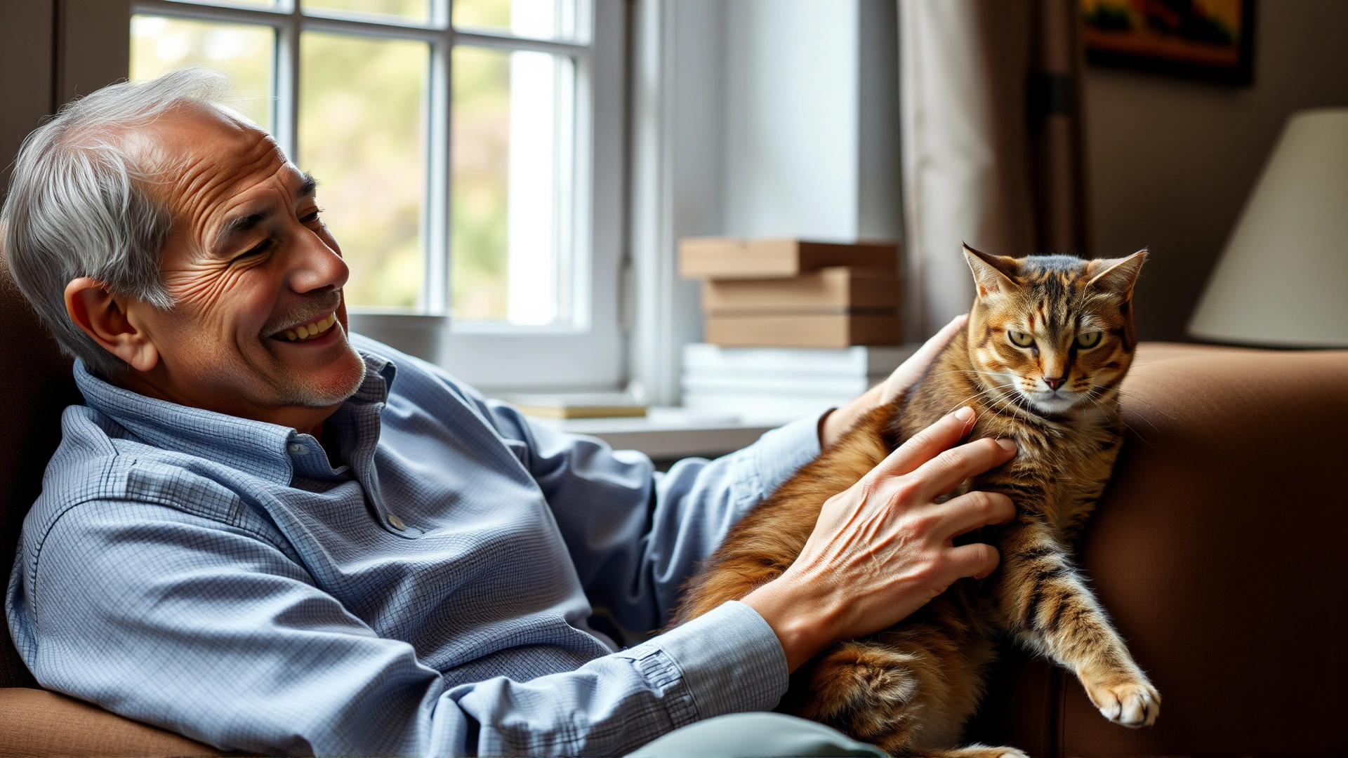 Smiling senior man petting a calm cat while sitting in an armchair near a window