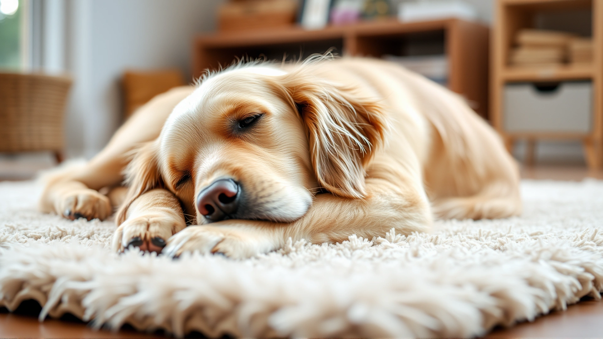 Gentle senior golden retriever relaxing on a cozy rug indoors, soft light, emphasizing need for joint support