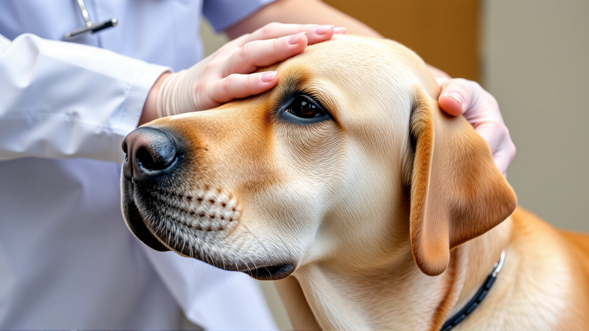 Elderly Labrador Retriever with gray muzzle receiving a gentle head pat from a veterinarian during a pre-surgery consultation