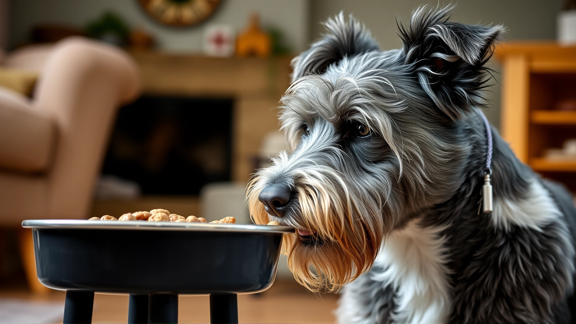 Senior gray-muzzled dog calmly eating from a raised feeder in a cozy home setting, senior nutrition concept