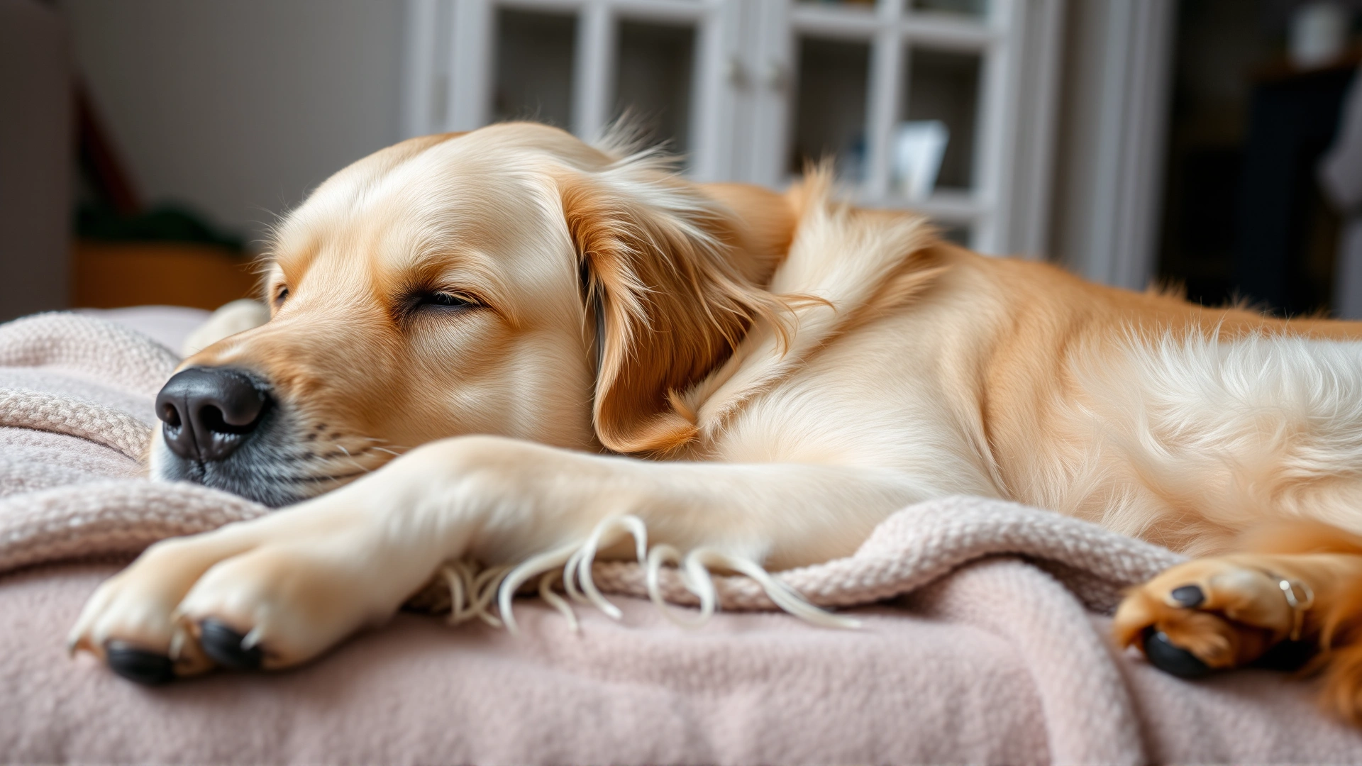 Gentle senior Golden Retriever lying comfortably on a soft blanket, grey muzzle visible, indoors with warm lighting