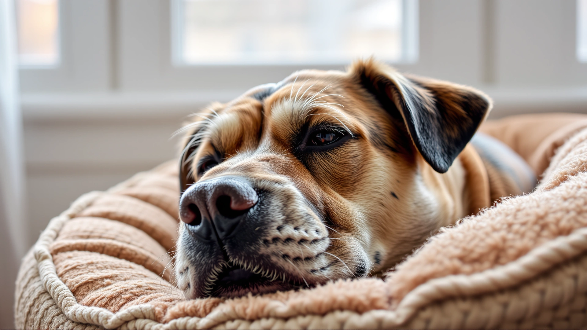 Close-up of an elderly mixed-breed dog with a gray muzzle resting on a cozy dog bed, soft window light emphasizing age.