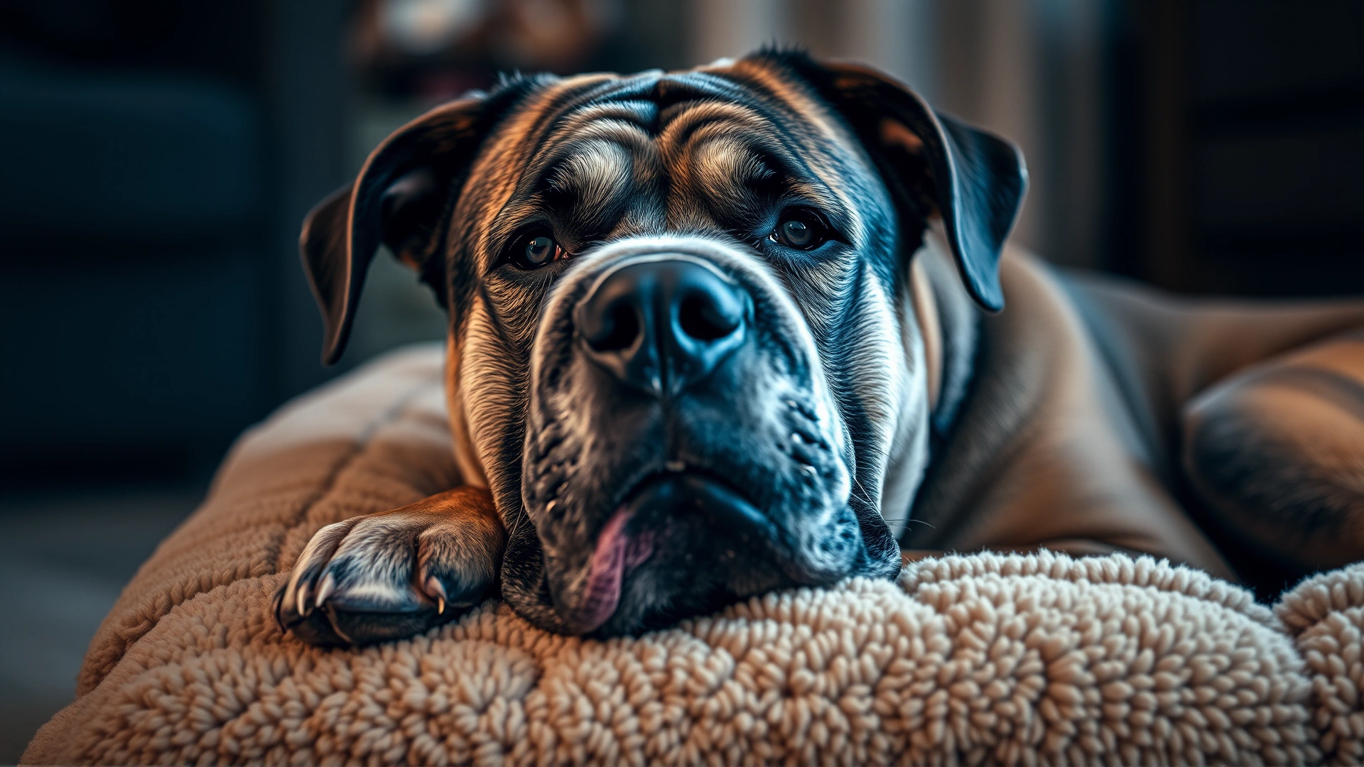 Senior large breed dog with a greying muzzle resting comfortably on a cozy dog bed.