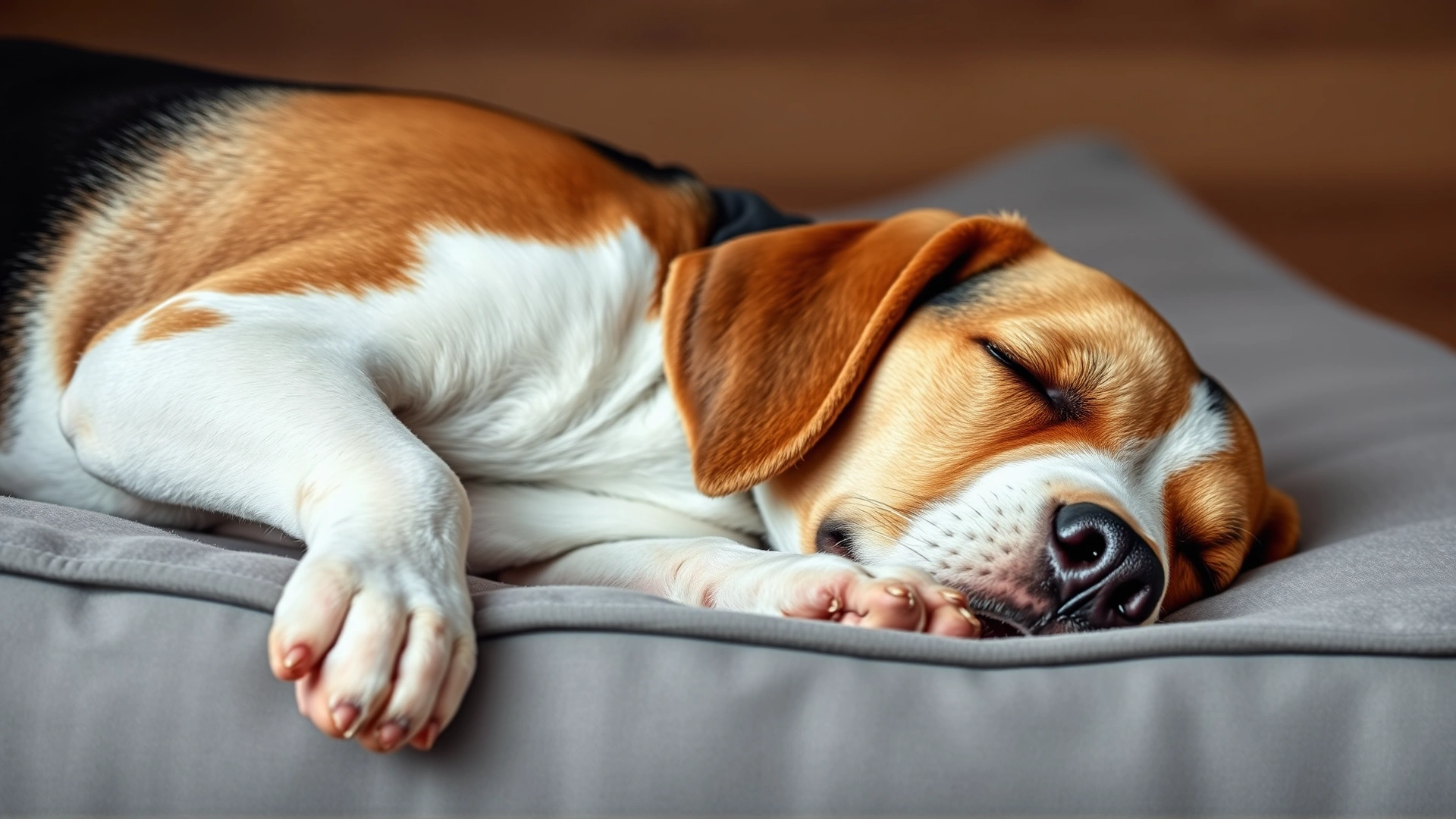 Gentle portrait of a senior Beagle sleeping comfortably on a orthopedic dog bed, grey hairs visible around the muzzle