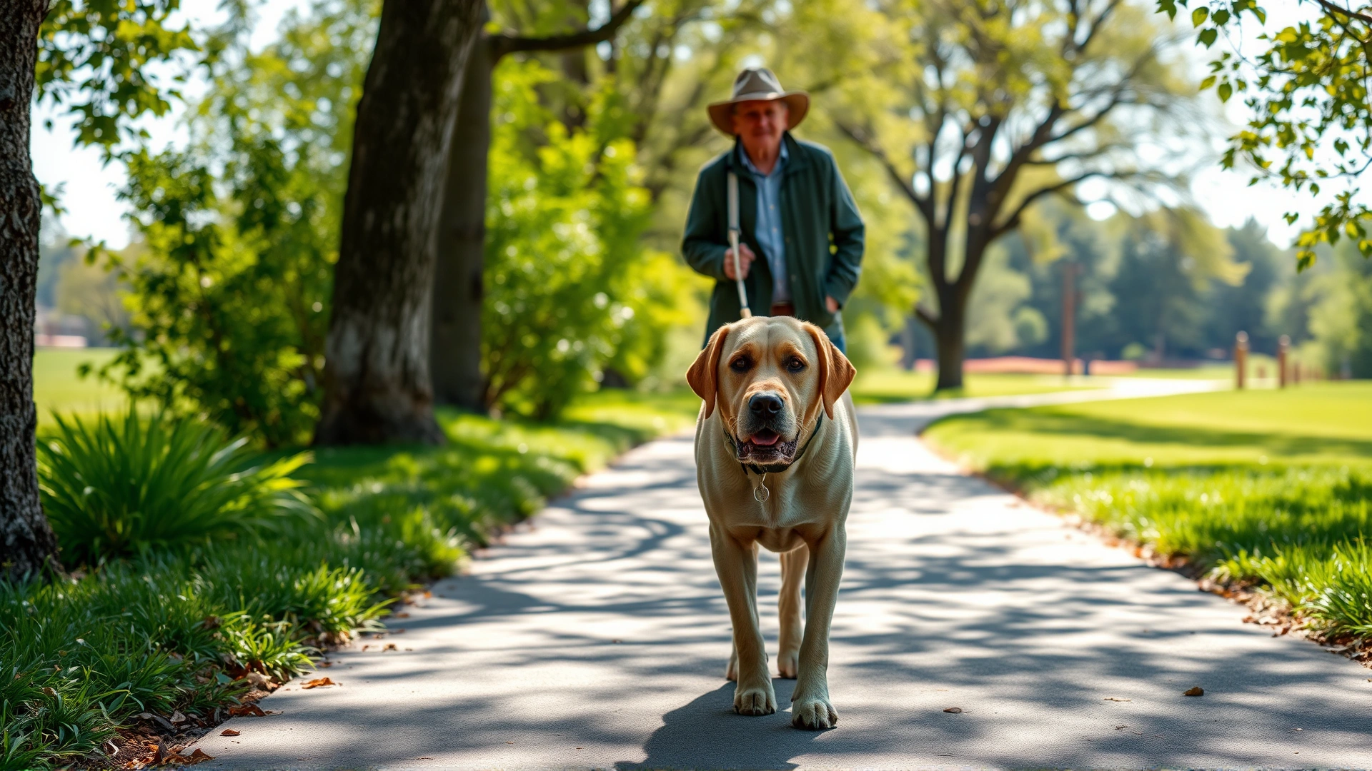 An elderly Labrador walking slowly beside its owner on a shaded pathway, relaxed pace, no text