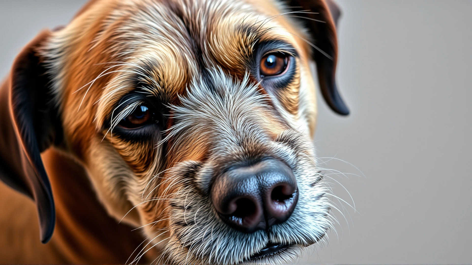 Close-up of an older dog with a graying muzzle looking slightly confused, representing age-related cognitive decline.