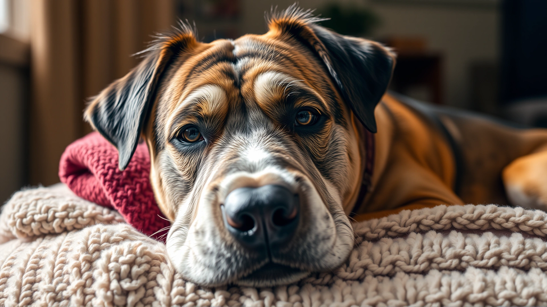 Senior mixed-breed dog with a gray muzzle resting comfortably on a plush blanket, warm indoor lighting.